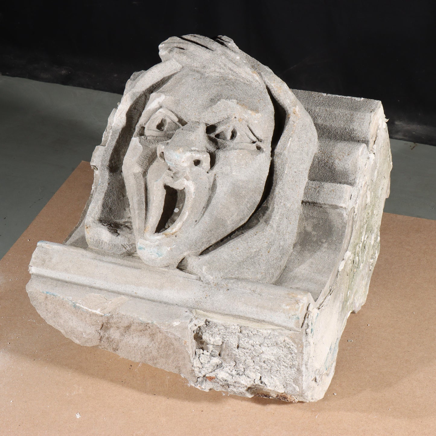 Human face gargoyle/grotesque screaming man; 1920s Harlem, New York, Gothic Style Architectural Limestone Facade Carving. 21 1/2"H x 18 1/2"W