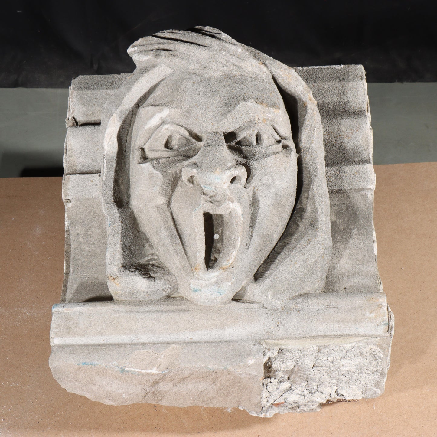 Human face gargoyle/grotesque screaming man; 1920s Harlem, New York, Gothic Style Architectural Limestone Facade Carving. 21 1/2"H x 18 1/2"W