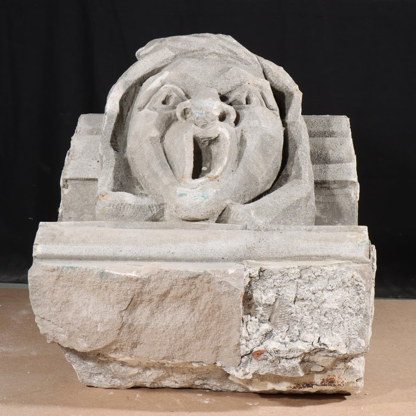 Human face gargoyle/grotesque screaming man; 1920s Harlem, New York, Gothic Style Architectural Limestone Facade Carving. 21 1/2"H x 18 1/2"W