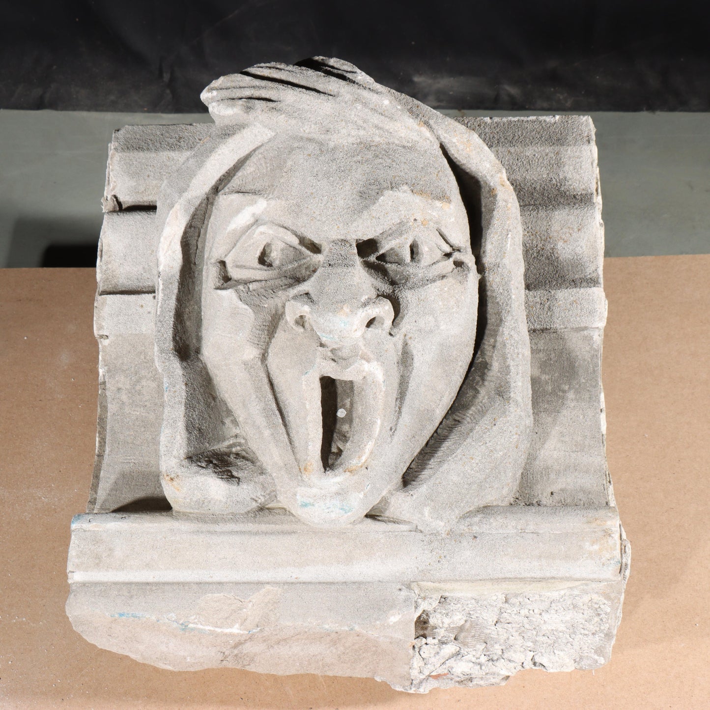 Human face gargoyle/grotesque screaming man; 1920s Harlem, New York, Gothic Style Architectural Limestone Facade Carving. 21 1/2"H x 18 1/2"W