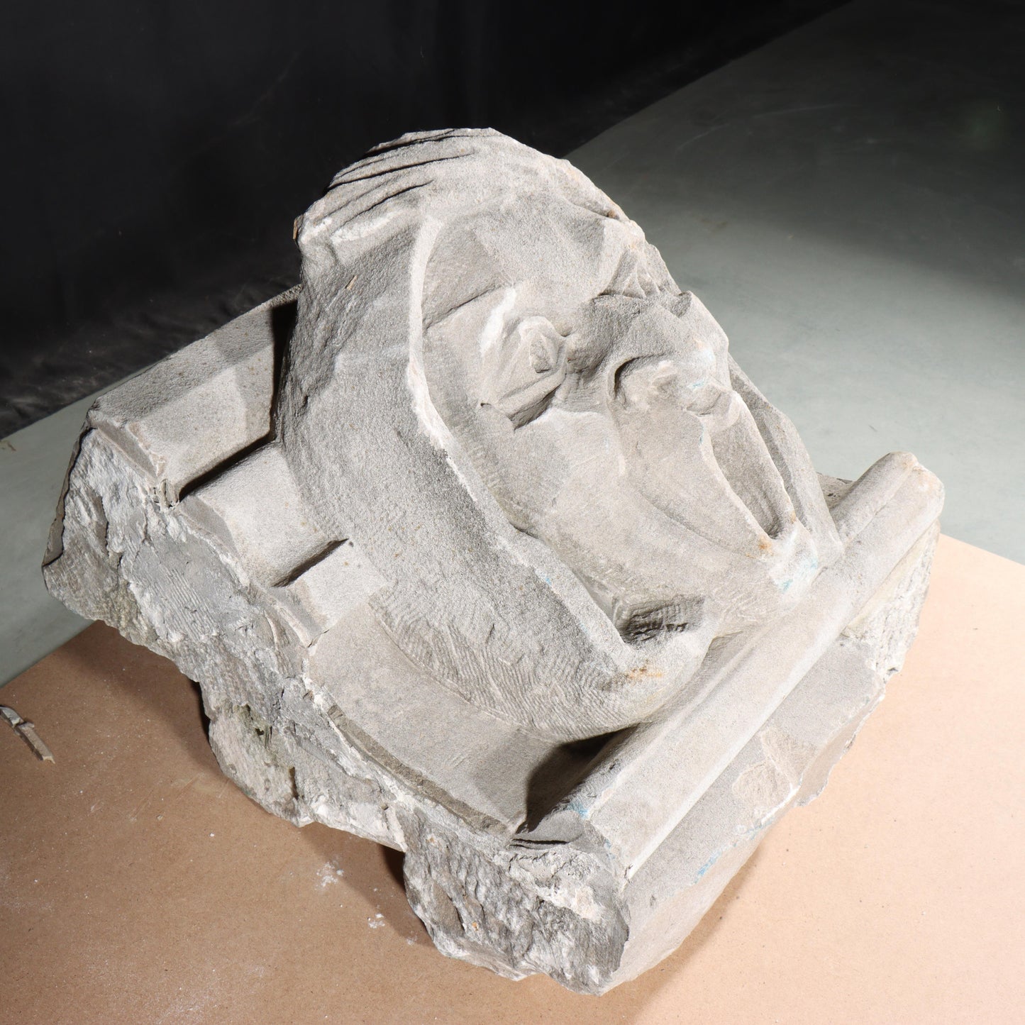 Human face gargoyle/grotesque screaming man; 1920s Harlem, New York, Gothic Style Architectural Limestone Facade Carving. 21 1/2"H x 18 1/2"W
