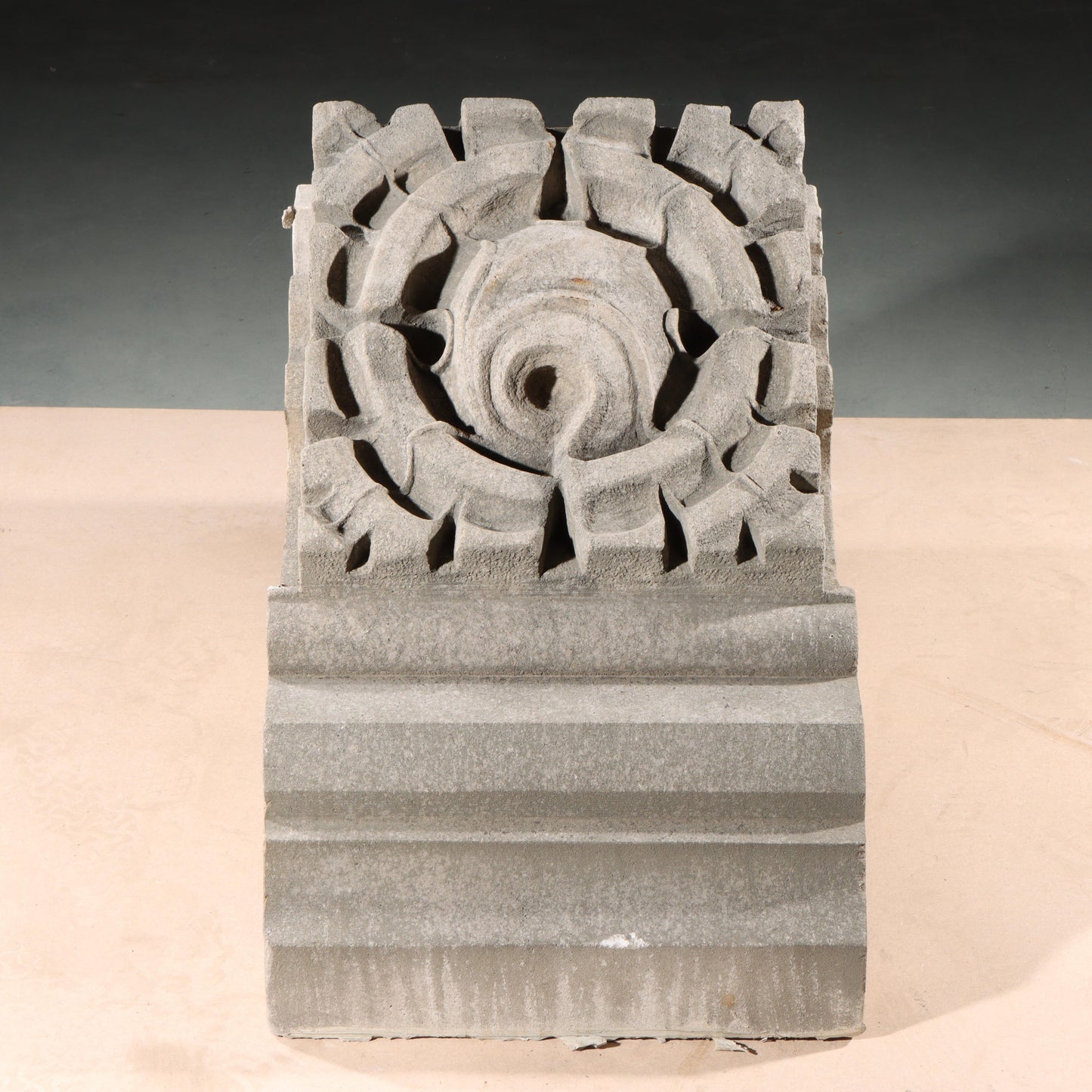 Scrolled leaf rosette foliate border block roundel end piece; 1920s Harlem, New York, Gothic Style Architectural Limestone Facade Carving 19"H x 15 1/2"W