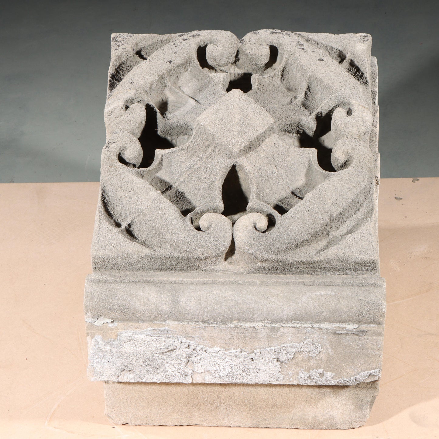 Quatrefoil floral rosette foliate relief border block roundel end piece; 1920s Harlem, New York, Gothic Style Architectural Limestone Facade Carving 17 1/2"H x 14 3/4"W