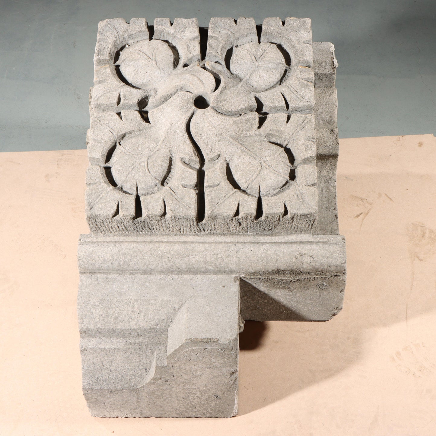 Quatrefoil floral rosette foliate relief border block roundel end piece; 1920s Harlem, New York, Gothic Style Architectural Limestone Facade Carving 18 3/4"H x 17"W