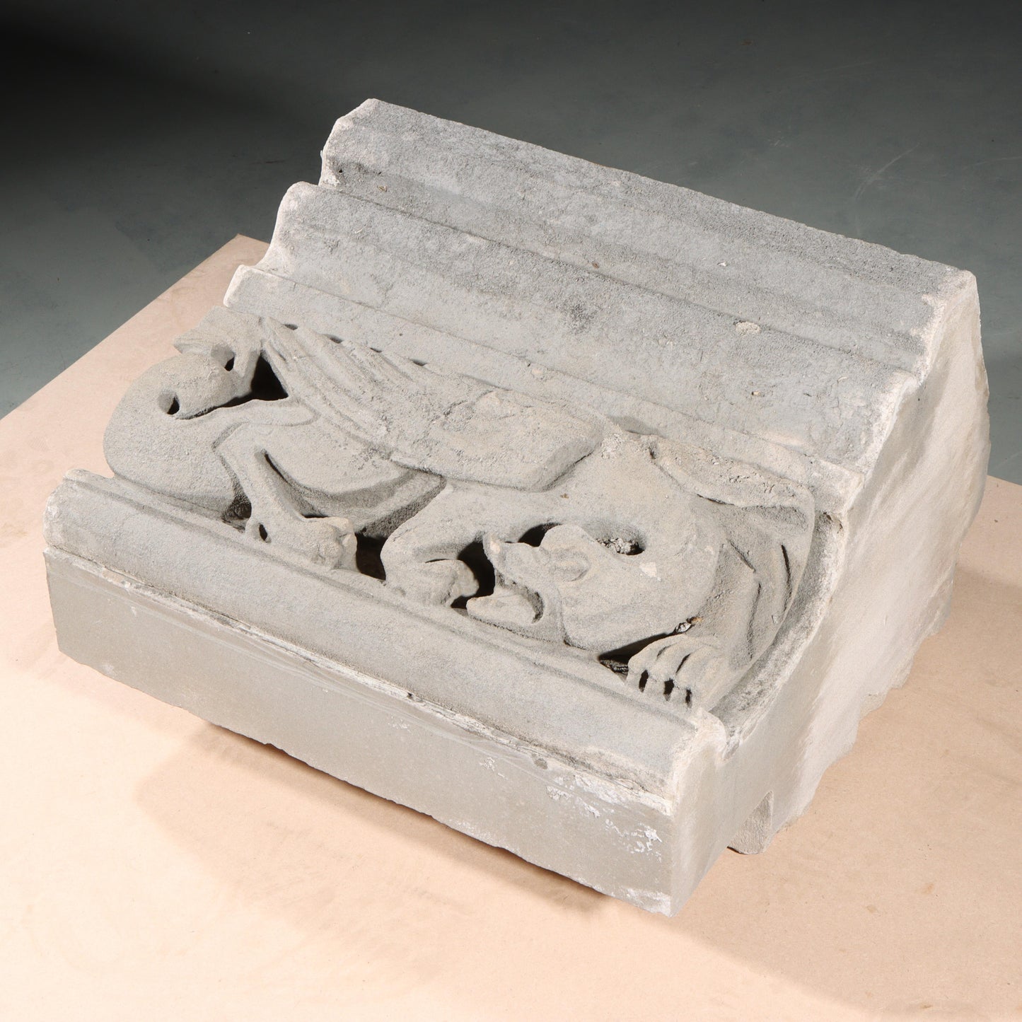 Winged Dragon / Phoenix Mythological figure border block; 1920s Harlem, New York, Gothic Style Architectural Limestone Facade Carving 14"H x 20"W