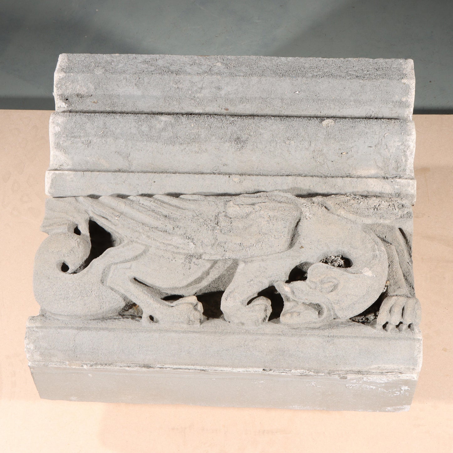 Winged Dragon / Phoenix Mythological figure border block; 1920s Harlem, New York, Gothic Style Architectural Limestone Facade Carving 14"H x 20"W