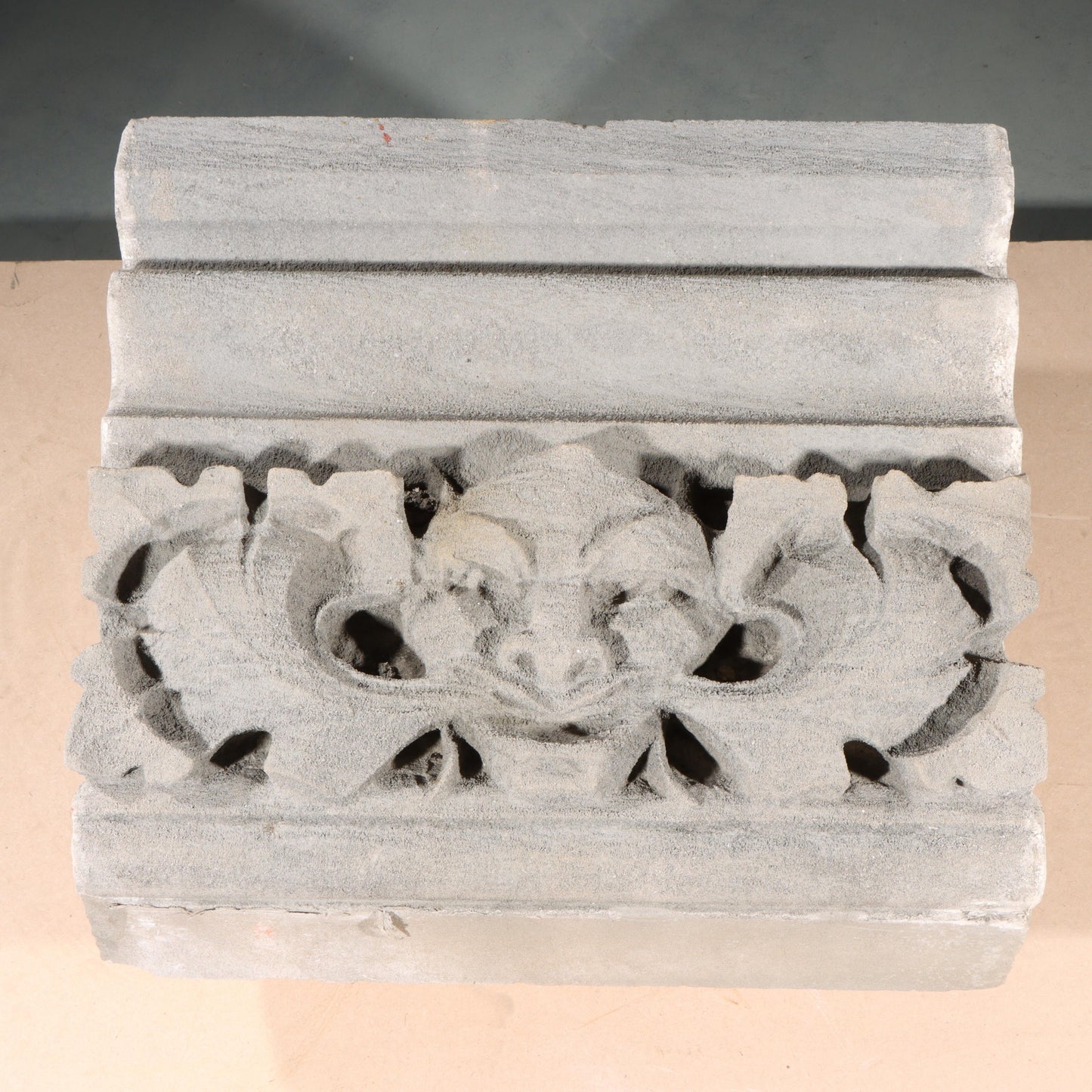 Man of the North / Green Man / Devil Mythological figure and foliate border block; 1920s Harlem, New York, Gothic Style Architectural Limestone Facade Carving 14"H x 20"W