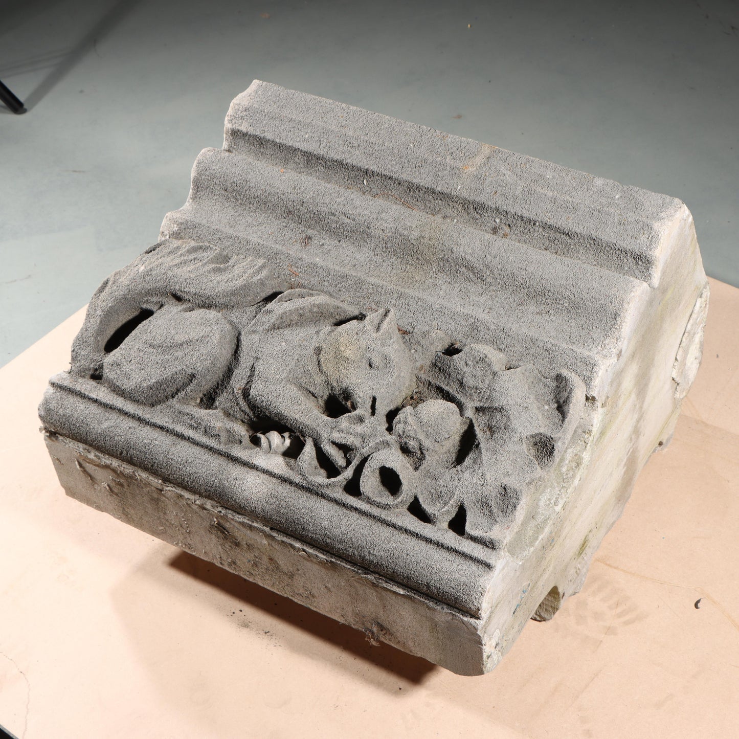 Squirrel with acorn gargoyle/grotesque beast relief border block; 1920s Harlem, New York, Gothic Style Architectural Limestone Facade Carving 20"H x 20"W