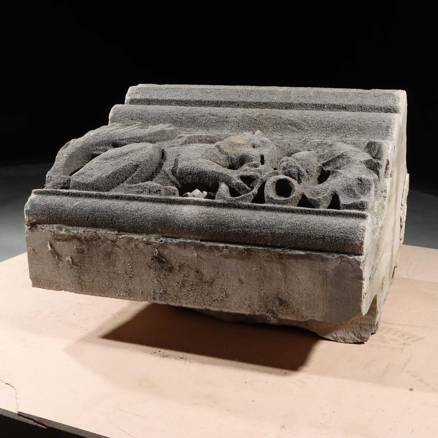 Squirrel with acorn gargoyle/grotesque beast relief border block; 1920s Harlem, New York, Gothic Style Architectural Limestone Facade Carving 20"H x 20"W