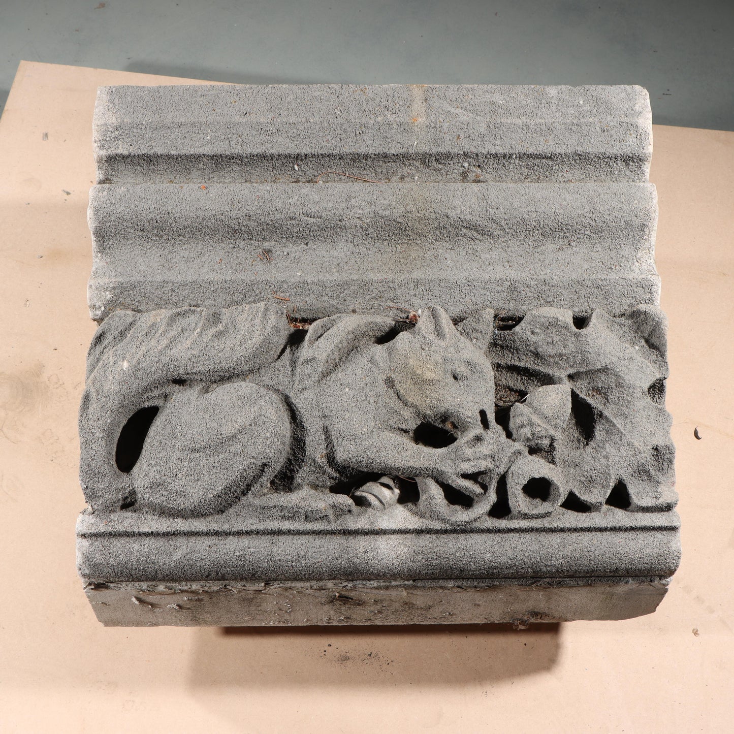 Squirrel with acorn gargoyle/grotesque beast relief border block; 1920s Harlem, New York, Gothic Style Architectural Limestone Facade Carving 20"H x 20"W