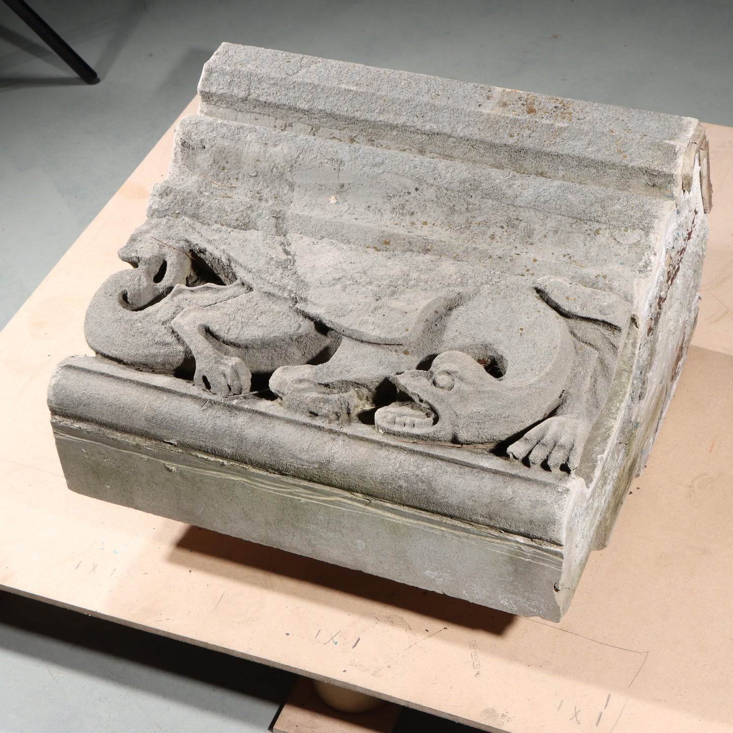 Winged Dragon / Phoenix Mythological figure border block; 1920s Harlem, New York, Gothic Style Architectural Limestone Facade Carving 20"H x 20"W