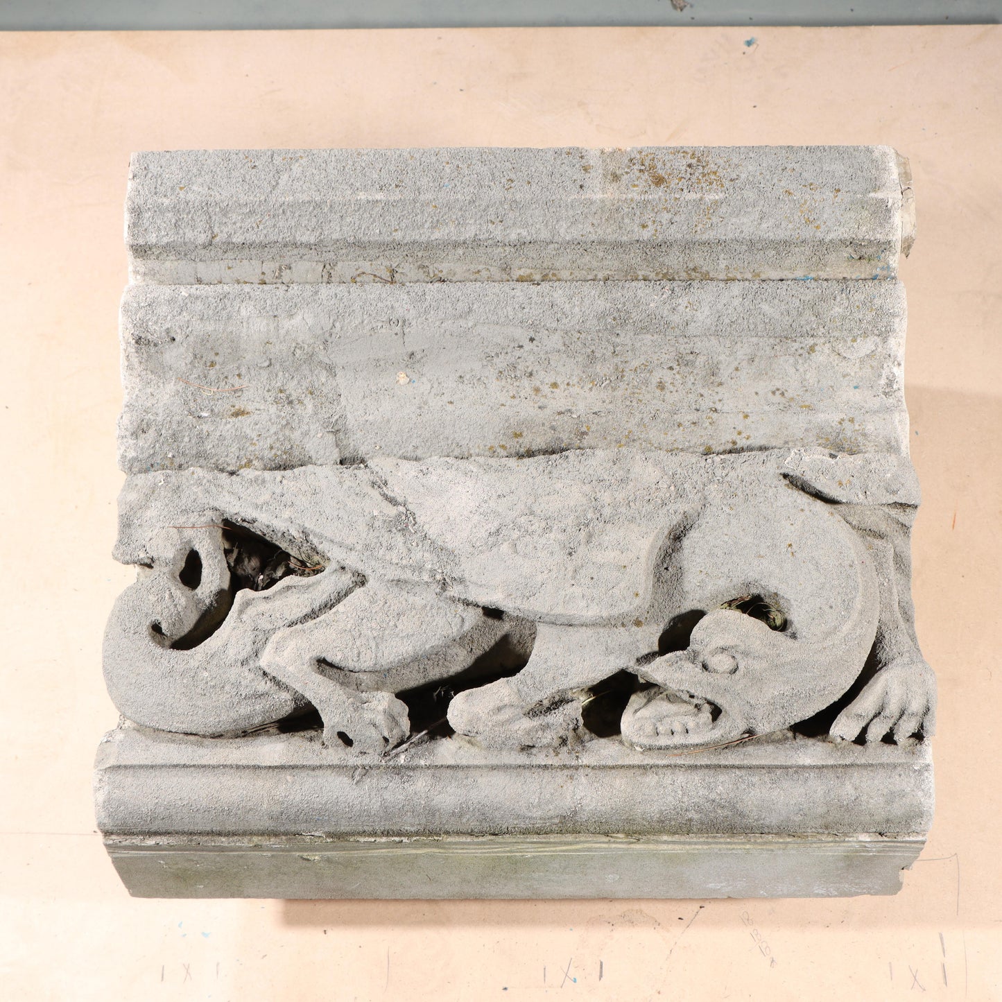 Winged Dragon / Phoenix Mythological figure border block; 1920s Harlem, New York, Gothic Style Architectural Limestone Facade Carving 20"H x 20"W