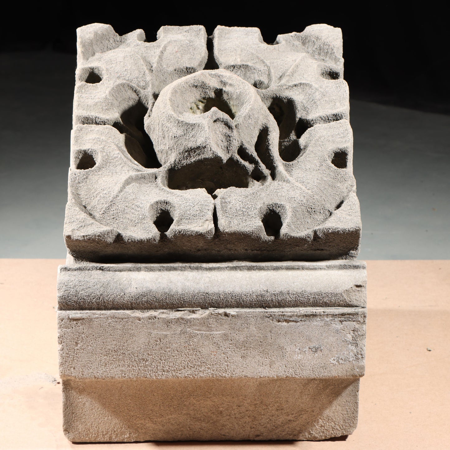 Scrolled leaf rosette foliate border block roundel end piece; 1920s Harlem, New York, Gothic Style Architectural Limestone Facade Carving 20"H x 15"W