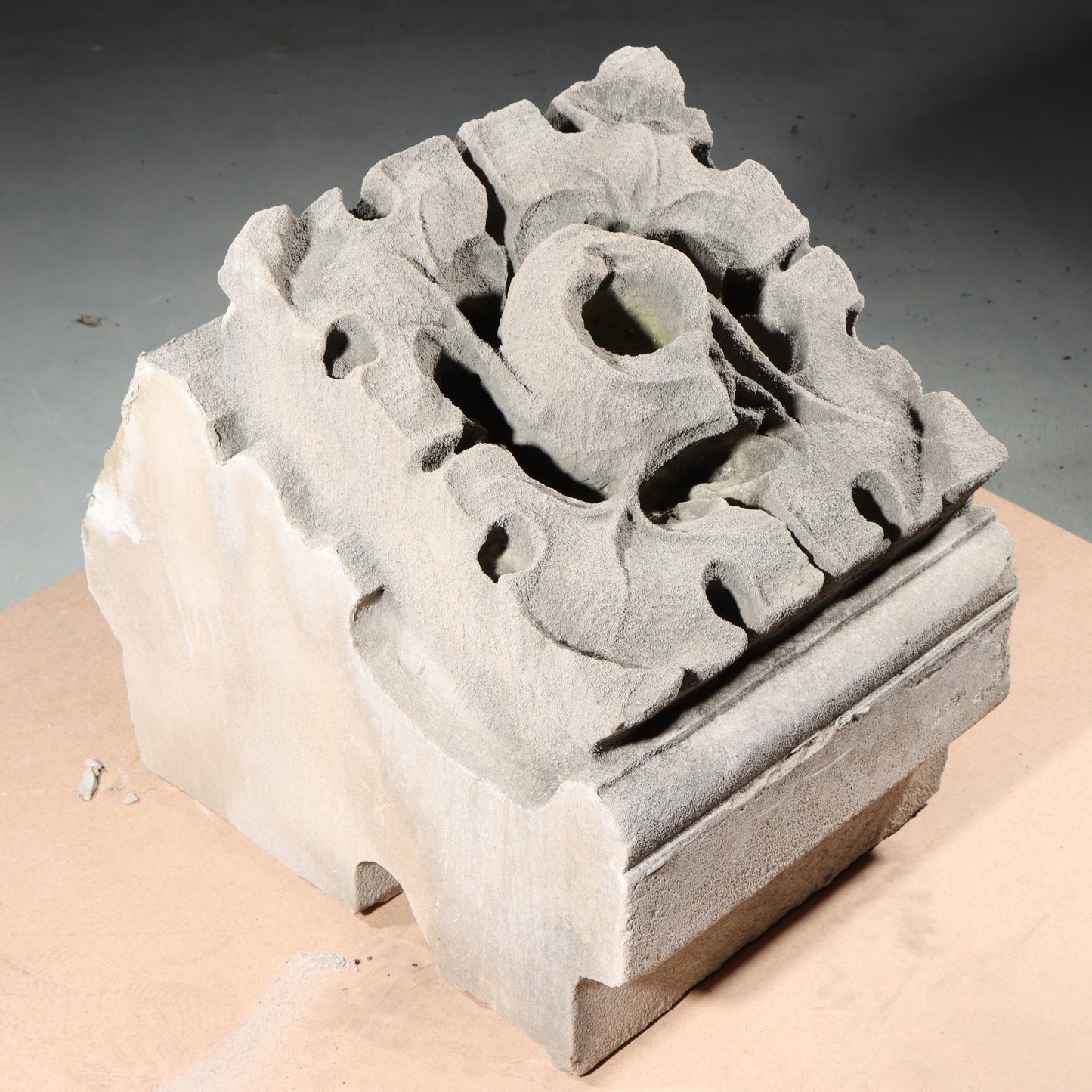 Scrolled leaf rosette foliate border block roundel end piece; 1920s Harlem, New York, Gothic Style Architectural Limestone Facade Carving 20"H x 15"W