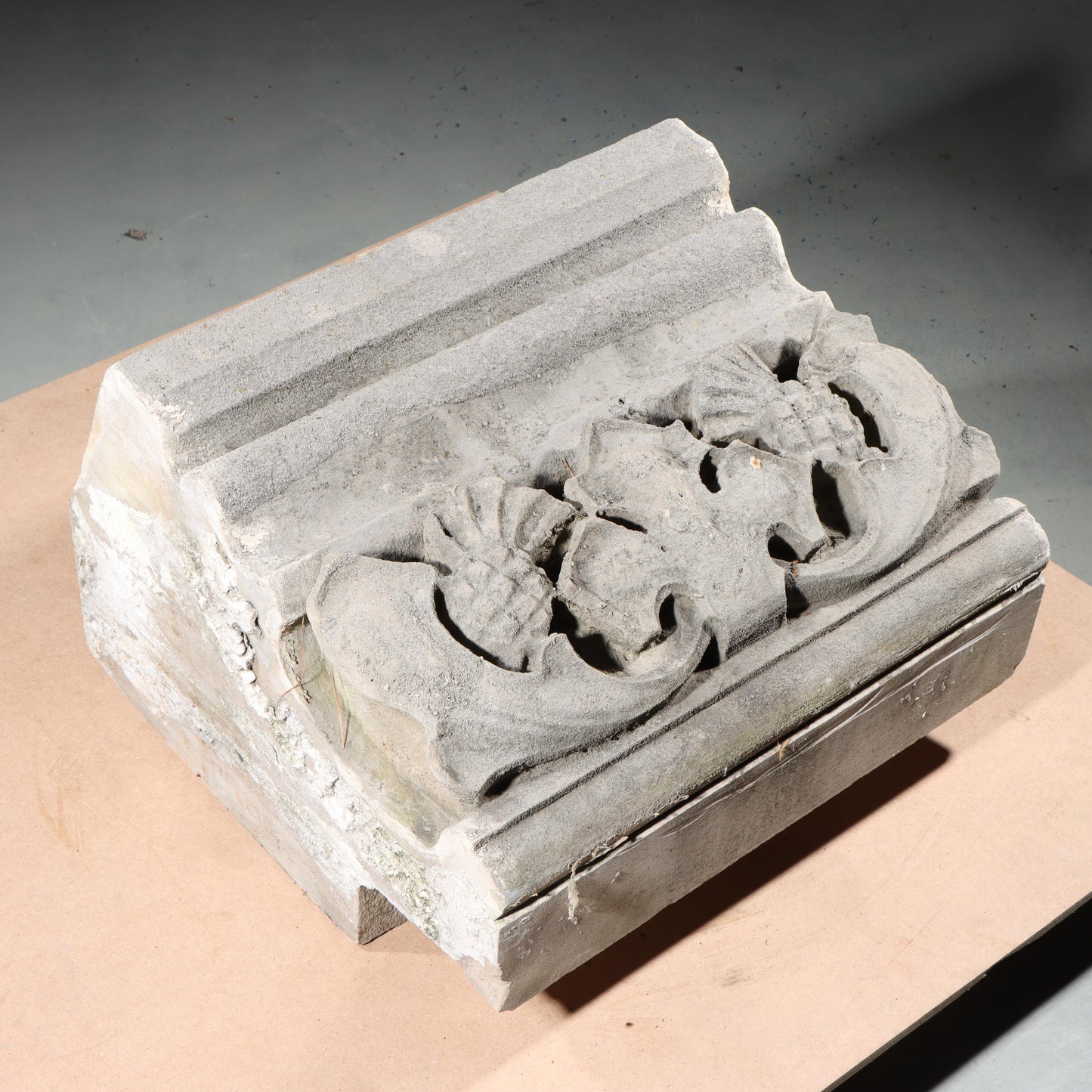 Pineapple fruit / Thistle and foliate border block; 1920s Harlem, New York, Gothic Style Architectural Limestone Facade Carving 20"H x 20"W