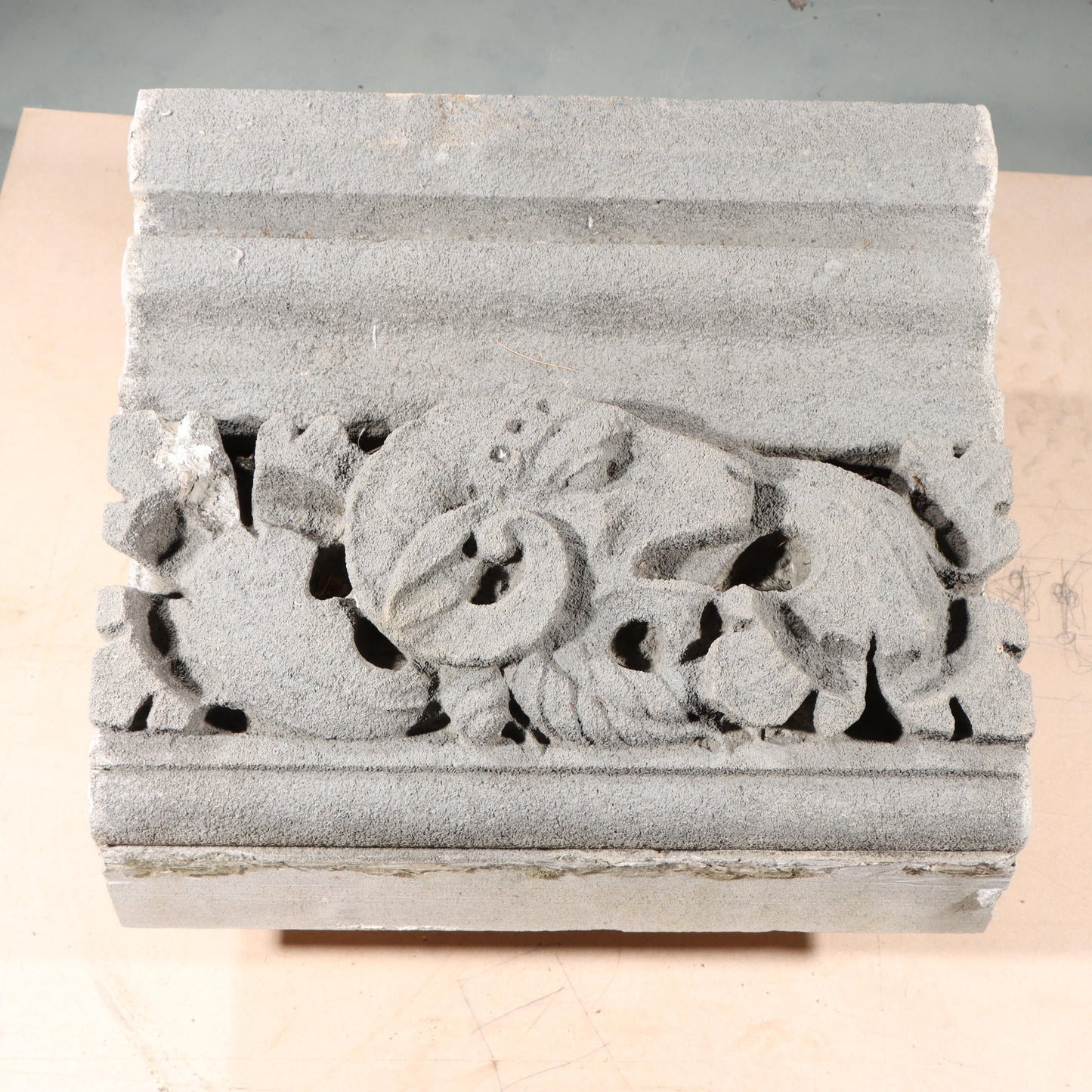 Ram's head leaf foliate gargoyle/grotesque relief border block; 1920s Harlem, New York, Gothic Style Architectural Limestone Facade Carving 20"H x 20"W