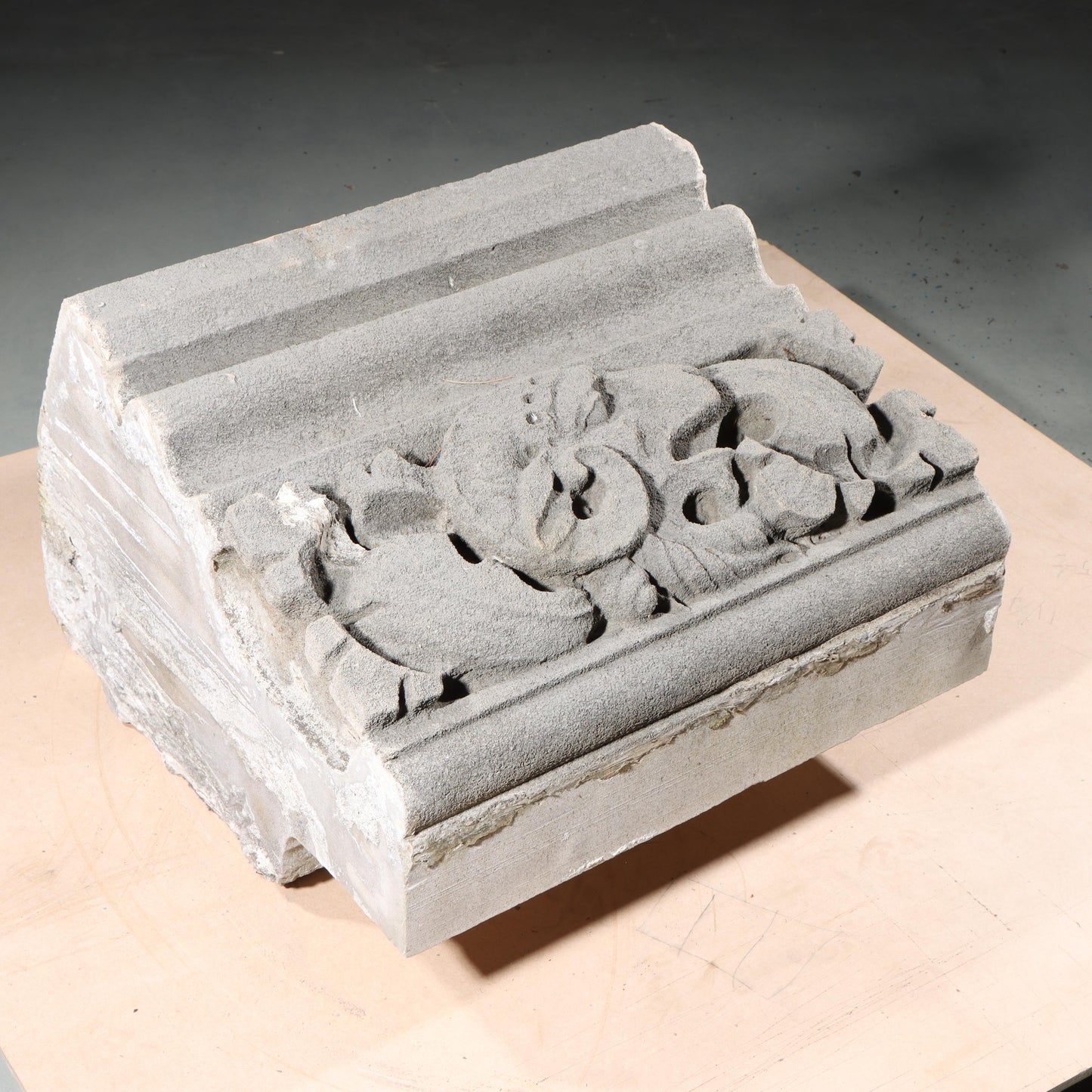 Ram's head leaf foliate gargoyle/grotesque relief border block; 1920s Harlem, New York, Gothic Style Architectural Limestone Facade Carving 20"H x 20"W
