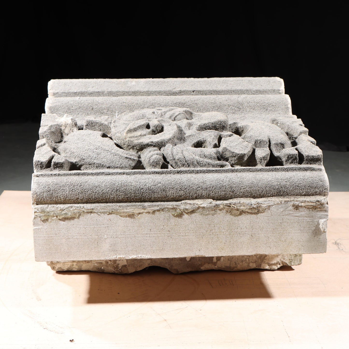 Ram's head leaf foliate gargoyle/grotesque relief border block; 1920s Harlem, New York, Gothic Style Architectural Limestone Facade Carving 20"H x 20"W