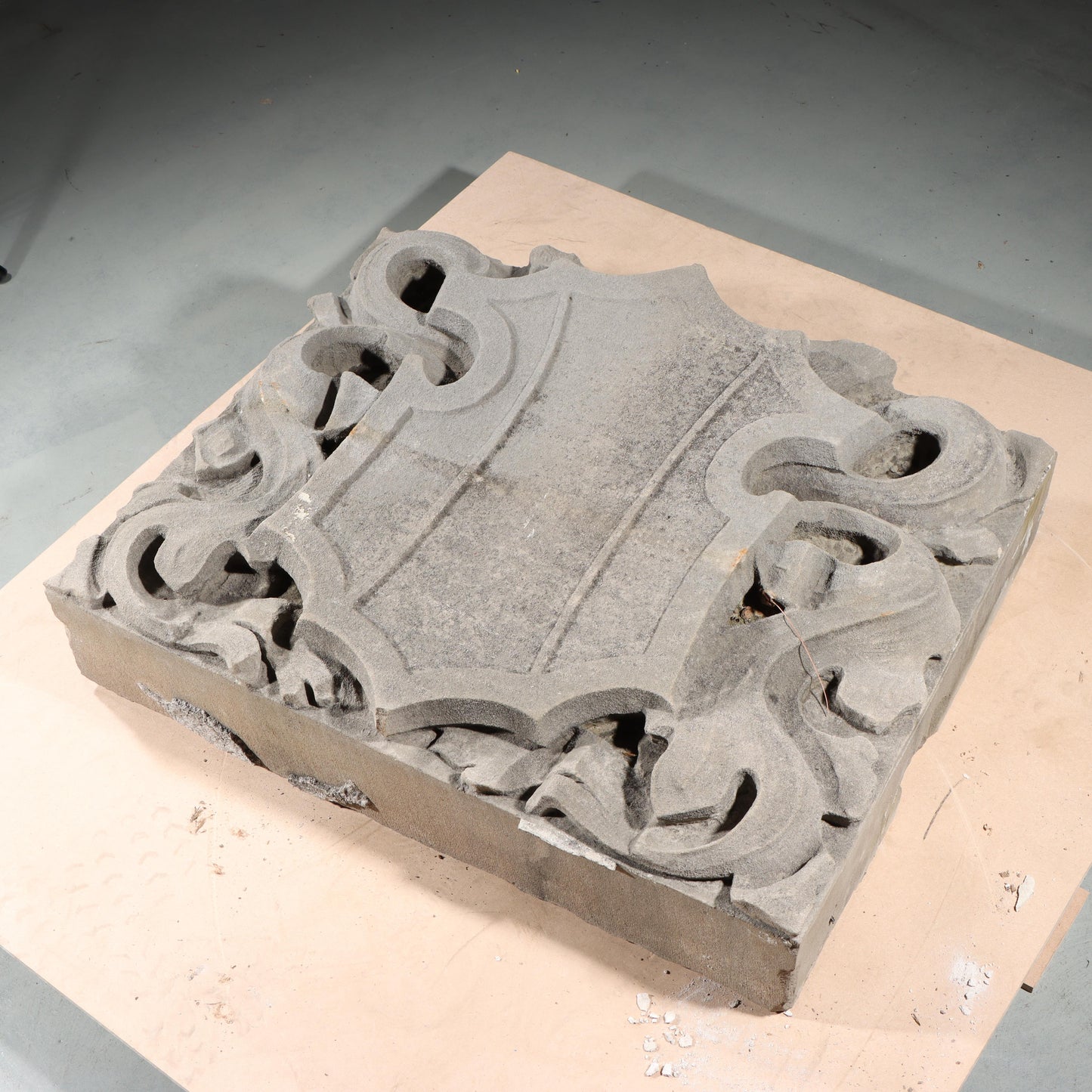 Shield form scrolled foliate relief border slab; 1920s Harlem, New York, Gothic Style Architectural Limestone Facade Carving 22 1/4"H x 27 1/2"W