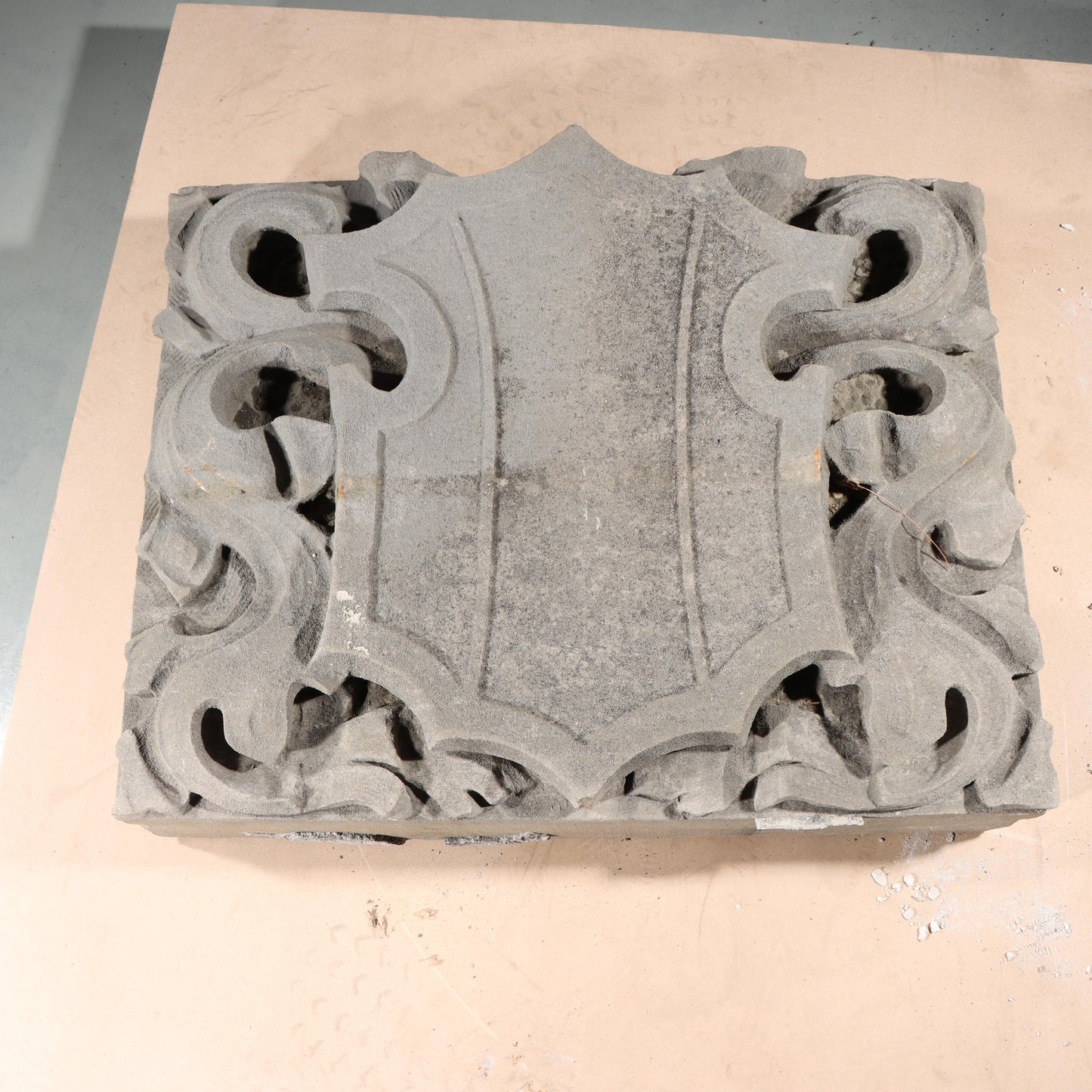 Shield form scrolled foliate relief border slab; 1920s Harlem, New York, Gothic Style Architectural Limestone Facade Carving 22 1/4"H x 27 1/2"W