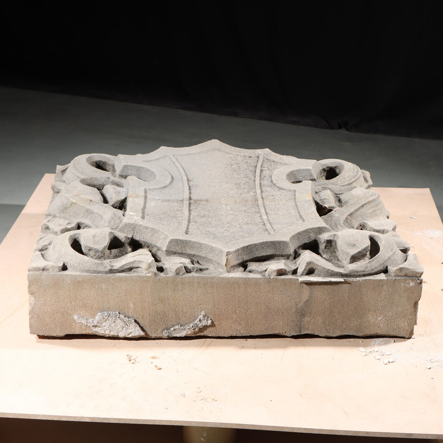 Shield form scrolled foliate relief border slab; 1920s Harlem, New York, Gothic Style Architectural Limestone Facade Carving 22 1/4"H x 27 1/2"W
