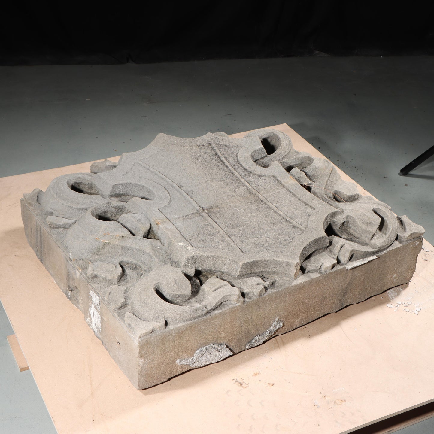 Shield form scrolled foliate relief border slab; 1920s Harlem, New York, Gothic Style Architectural Limestone Facade Carving 22 1/4"H x 27 1/2"W