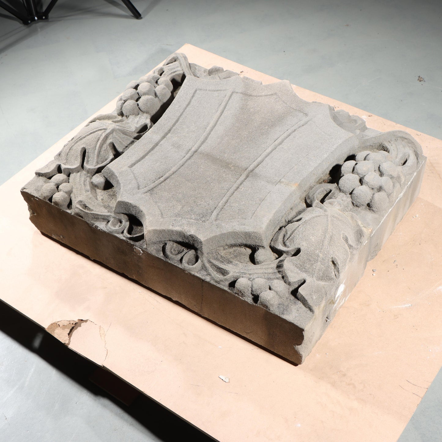 Shield form grape vine foliate relief border slab; 1920s Harlem, New York, Gothic Style Architectural Limestone Facade Carving 22 1/4"H x 28"W