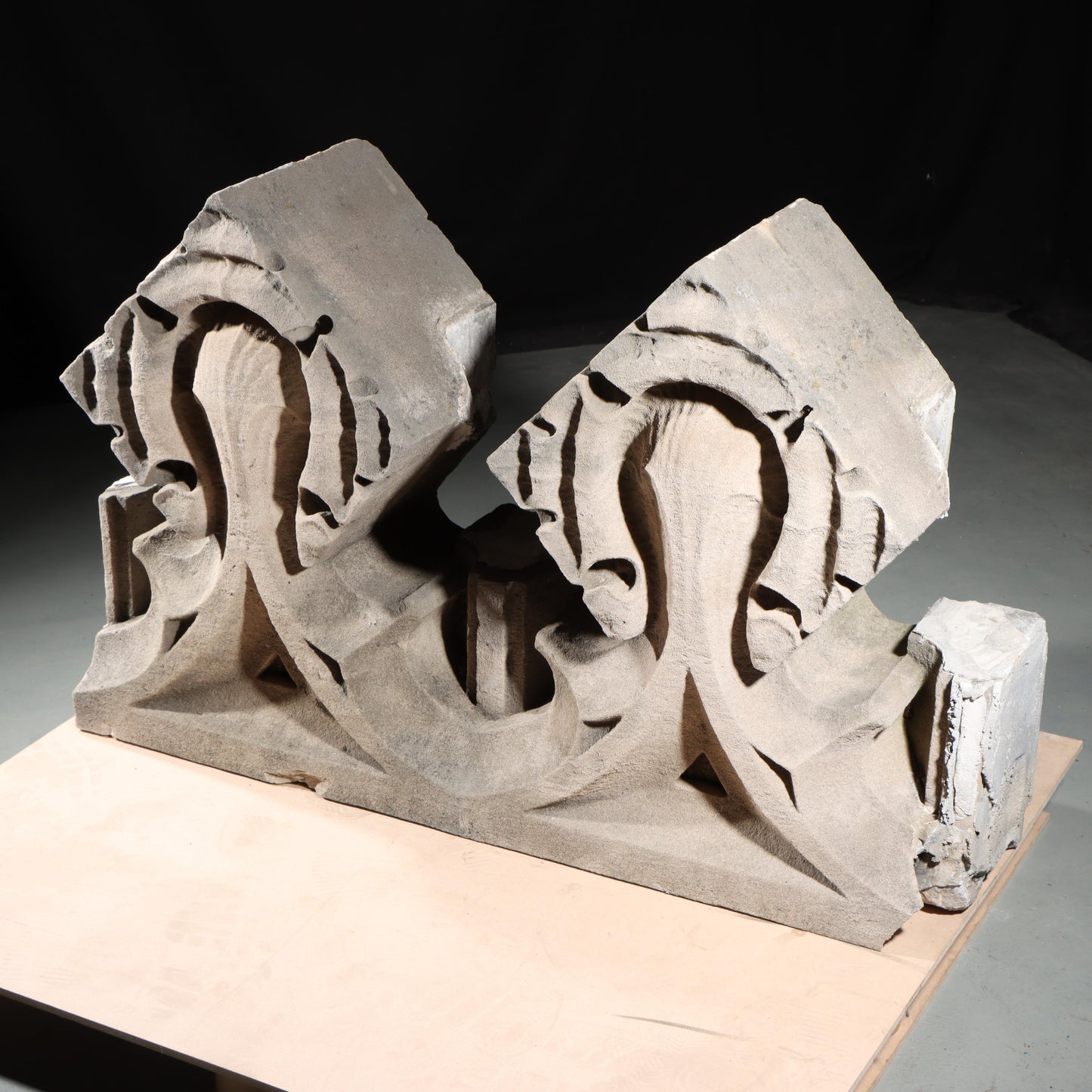 Gothic teardrop arch cornice fragment with scrolling foliate accents; 1920s Harlem, New York, Gothic Style Architectural Limestone Facade Carving 27 1/2"H x 42"W