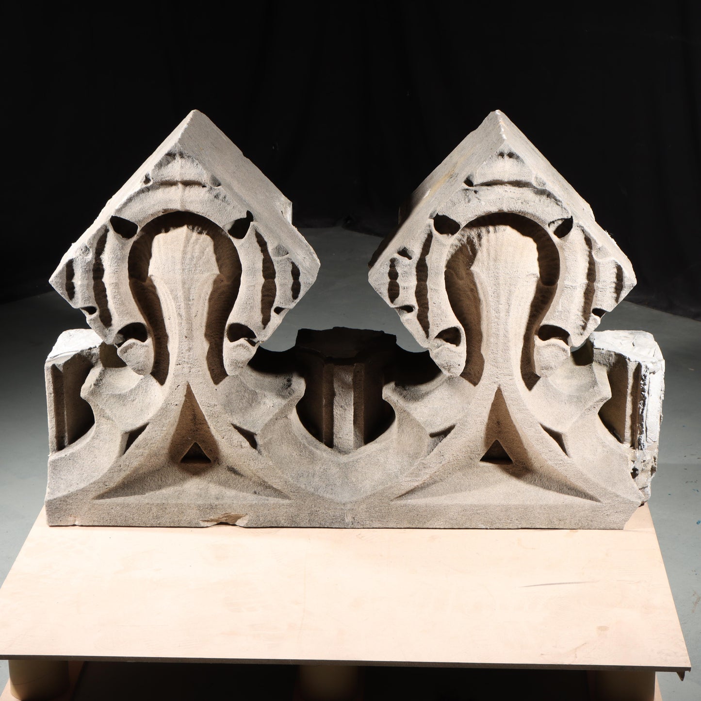 Gothic teardrop arch cornice fragment with scrolling foliate accents; 1920s Harlem, New York, Gothic Style Architectural Limestone Facade Carving 27 1/2"H x 42"W