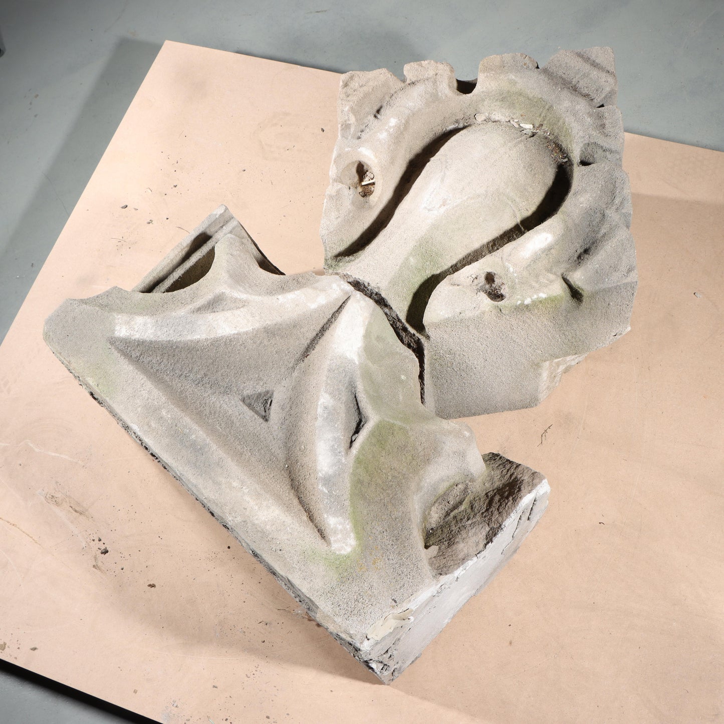 Gothic teardrop arch cornice fragment with scrolling foliate accents; 1920s Harlem, New York, Gothic Style Architectural Limestone Facade Carving 28"H x 21"W