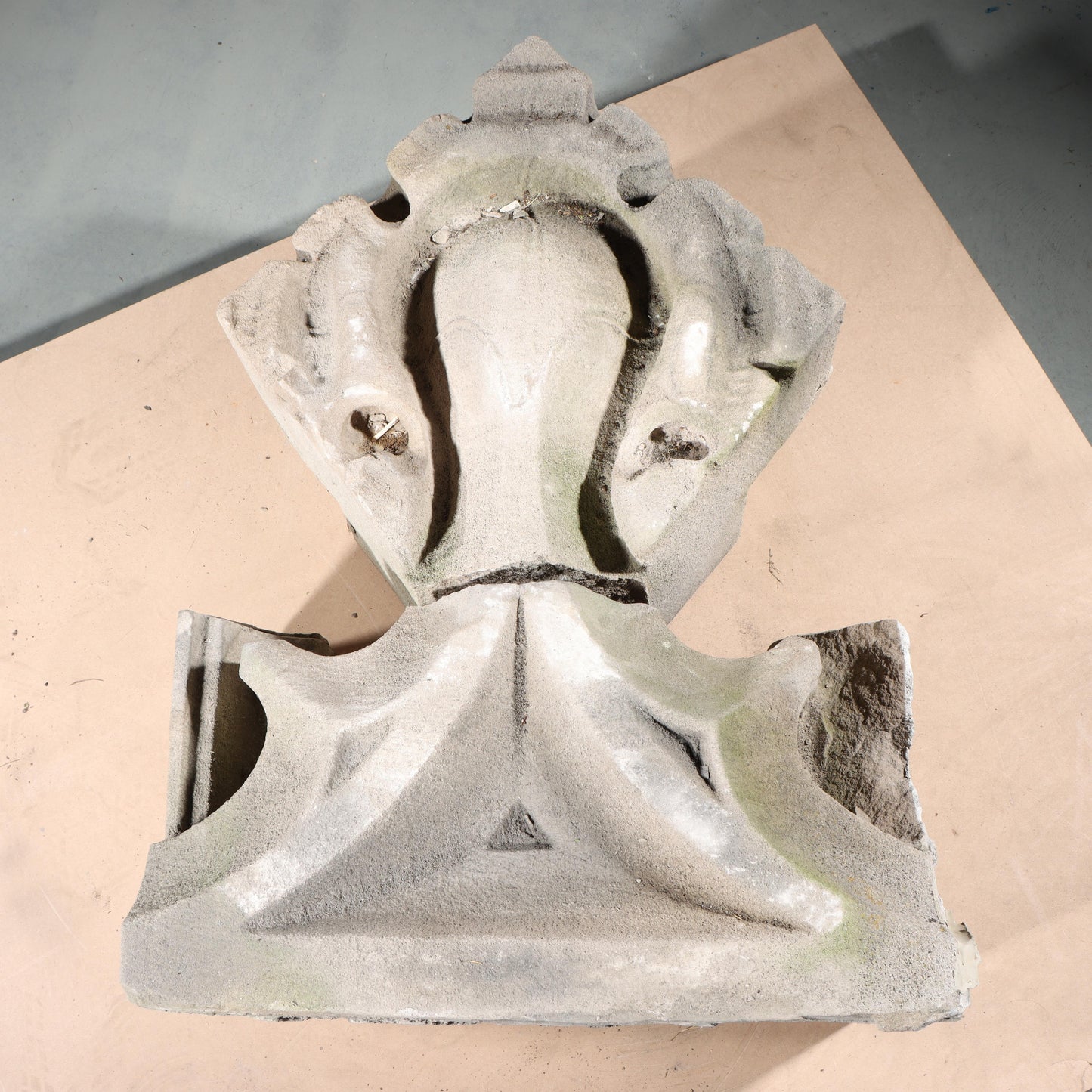 Gothic teardrop arch cornice fragment with scrolling foliate accents; 1920s Harlem, New York, Gothic Style Architectural Limestone Facade Carving 28"H x 21"W