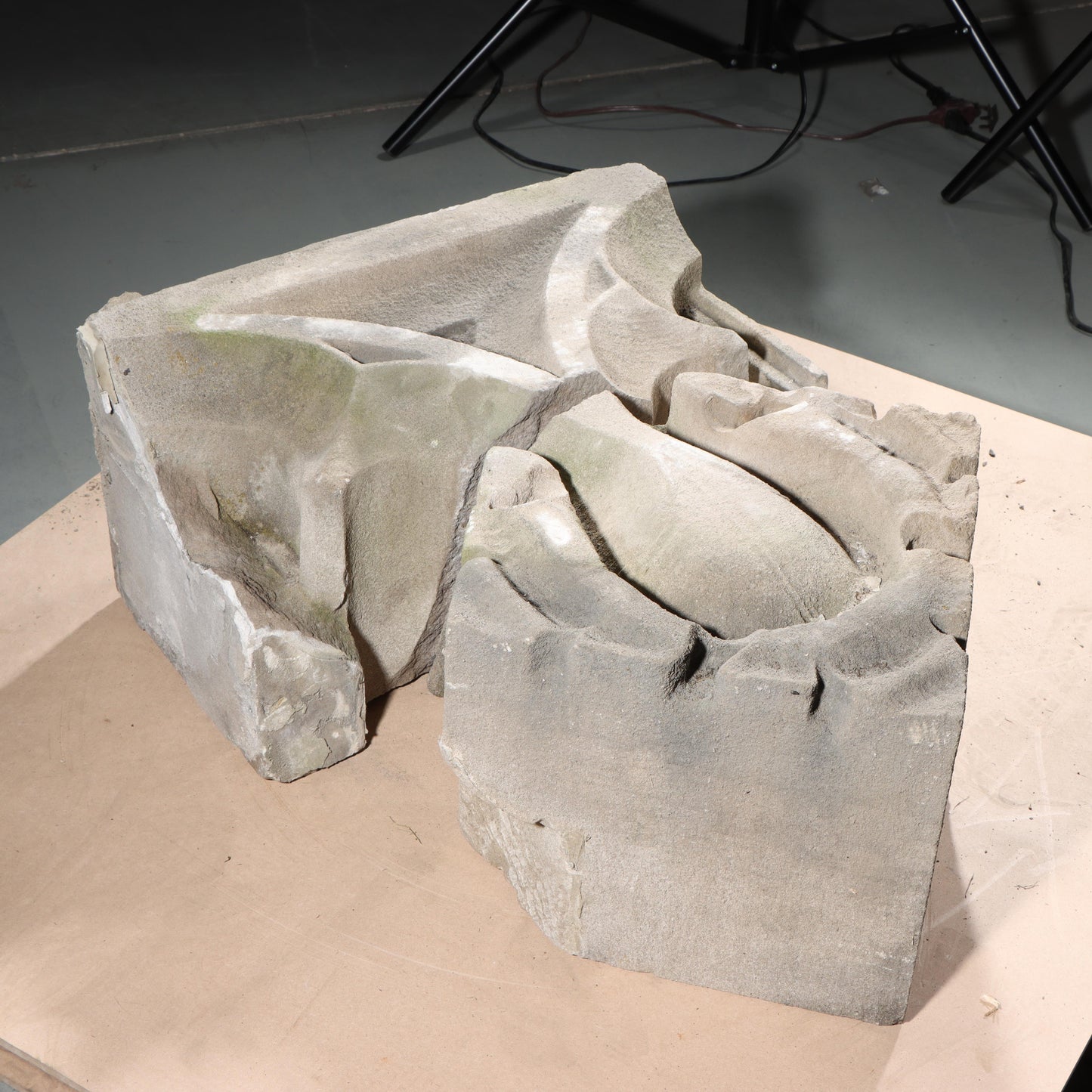 Gothic teardrop arch cornice fragment with scrolling foliate accents; 1920s Harlem, New York, Gothic Style Architectural Limestone Facade Carving 28"H x 21"W