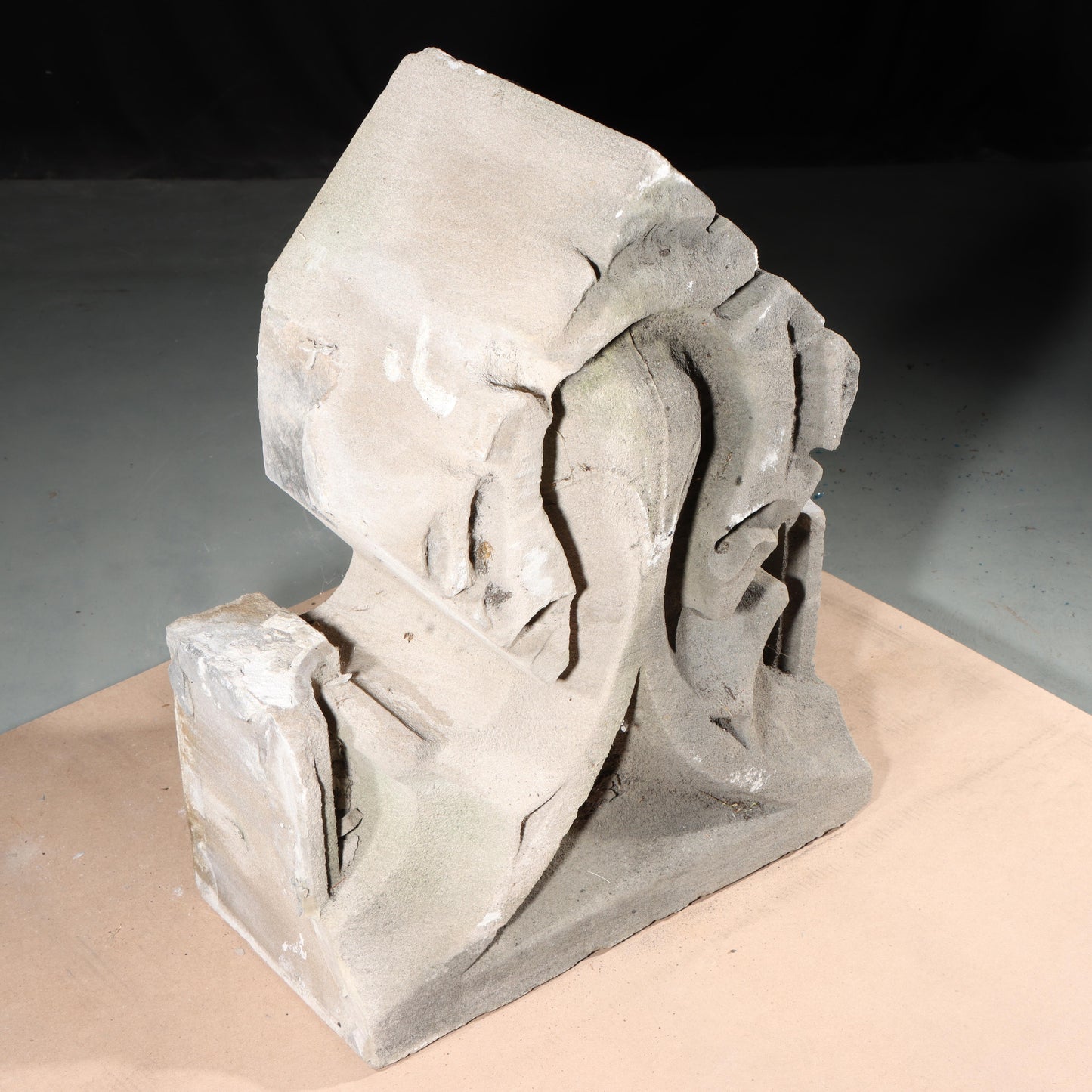 Gothic teardrop arch cornice fragment with scrolling foliate accents; 1920s Harlem, New York, Gothic Style Architectural Limestone Facade Carving 28"H x 21 1/2"W