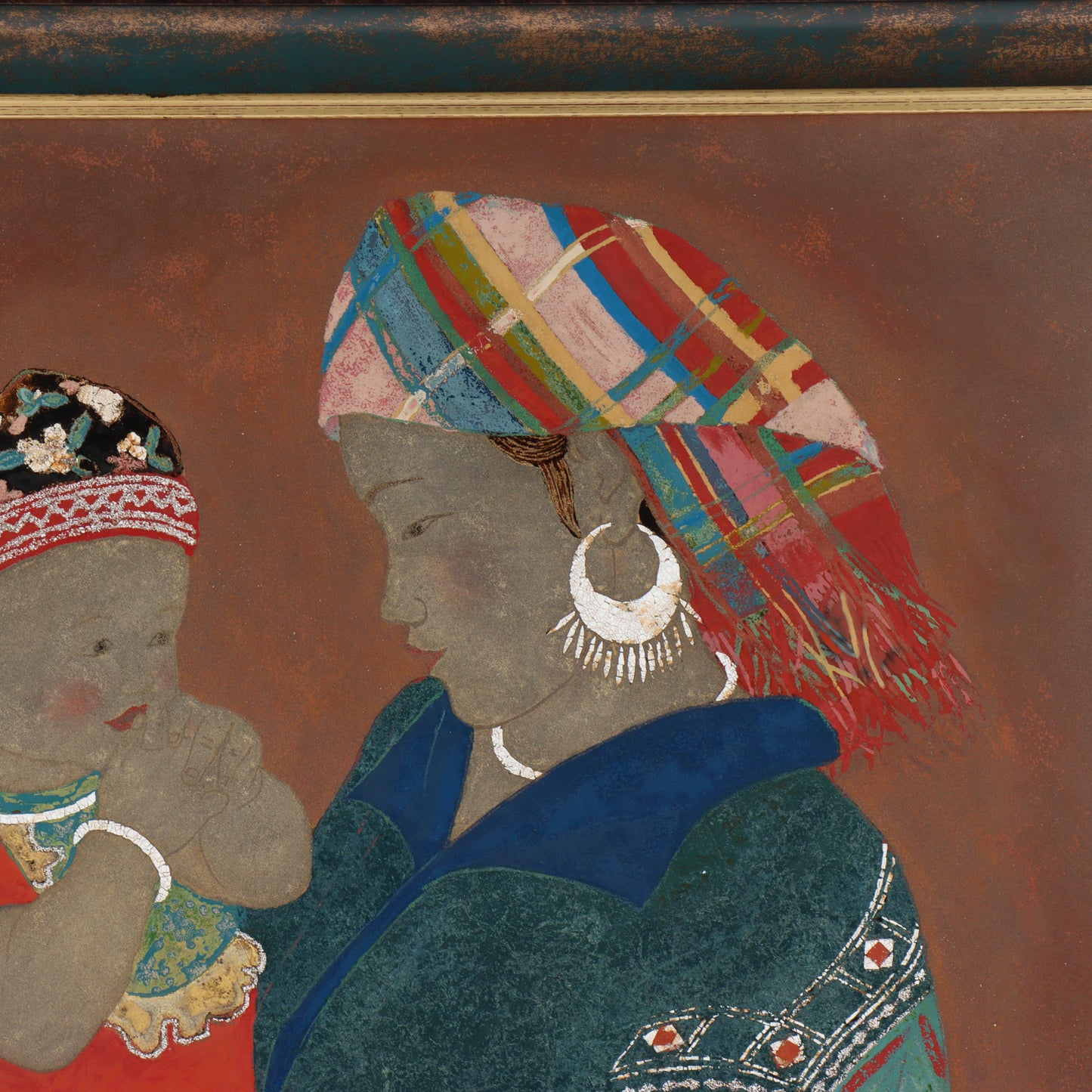 Nguyen Thi Hoa, Vietnamese , mother and child, 2008, lacquer painting with inlaid eggshell and abolone, 27 1/4"H x 21 1/4"W(sight), 37"H x 31"W(frame)