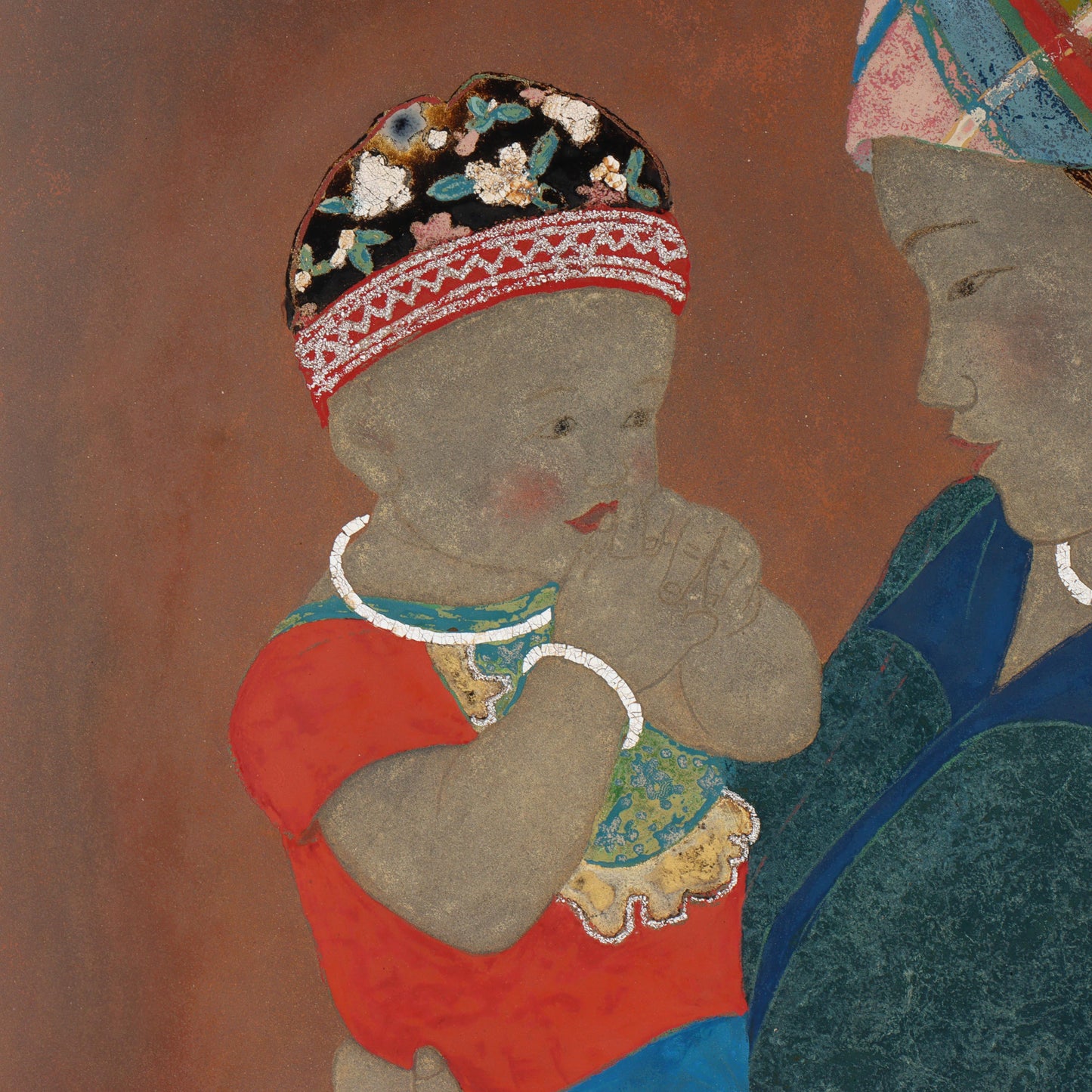 Nguyen Thi Hoa, Vietnamese , mother and child, 2008, lacquer painting with inlaid eggshell and abolone, 27 1/4"H x 21 1/4"W(sight), 37"H x 31"W(frame)