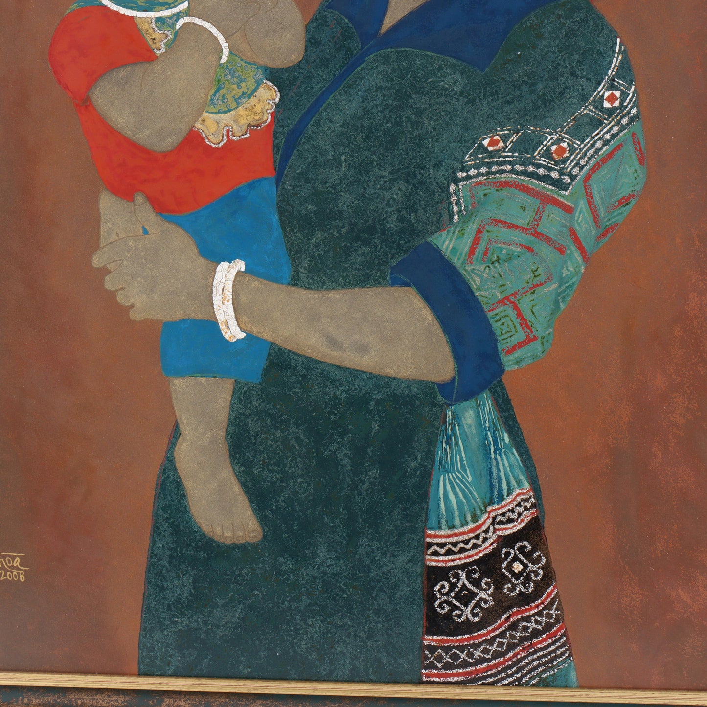 Nguyen Thi Hoa, Vietnamese , mother and child, 2008, lacquer painting with inlaid eggshell and abolone, 27 1/4"H x 21 1/4"W(sight), 37"H x 31"W(frame)
