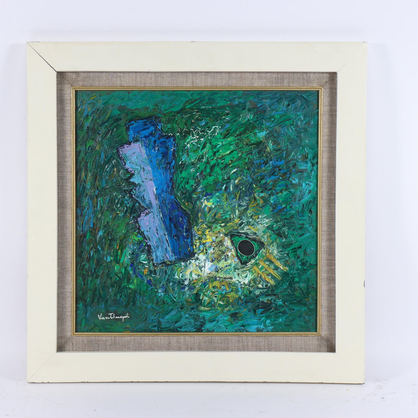 Van Thuyet, Vietnamese (b.1954), abstract with mirror, oil on canvas, 19 3/4"H x 19 1/2"W(stretcher), 26 3/4"H x 26 3/4"W(frame)