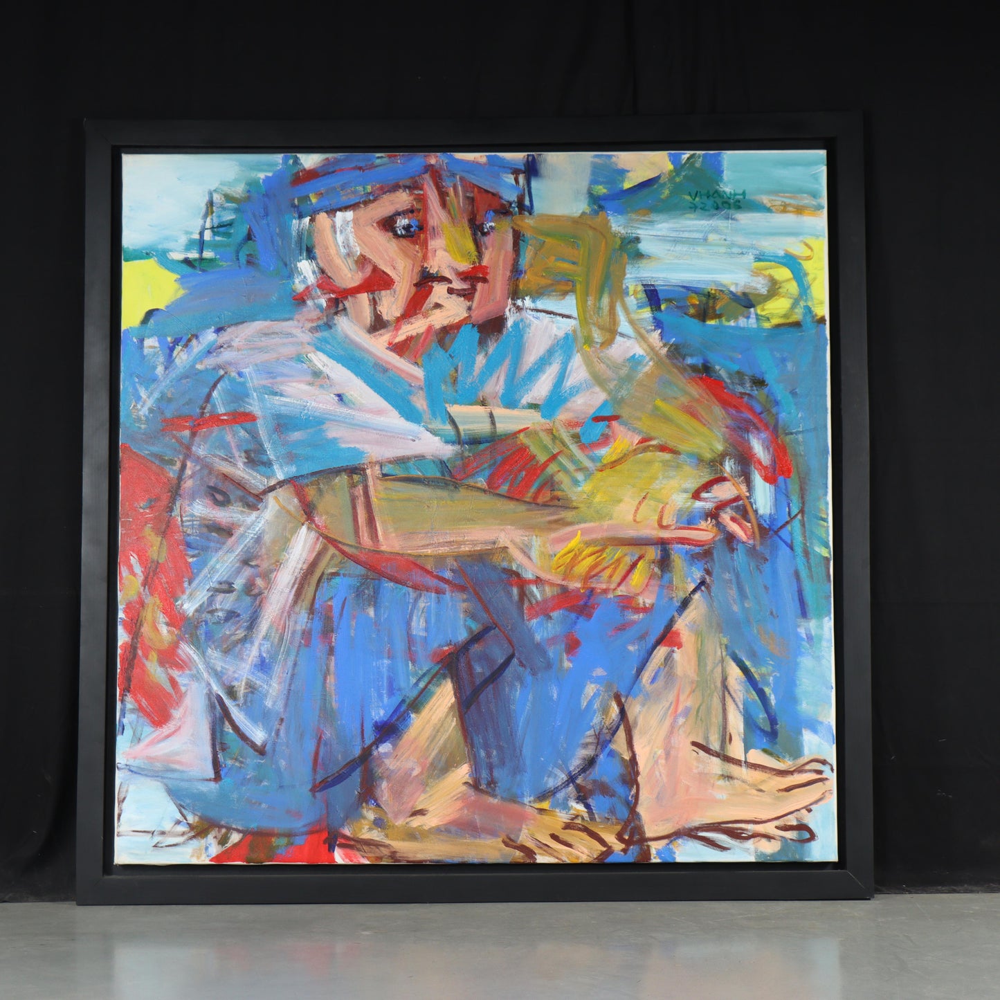 Do Hanh, Vietnamese (b.1955), abstract seated figure, 2006, oil on canvas, 63"H x 63"W(stretcher), 70"H x 70"W(frame)