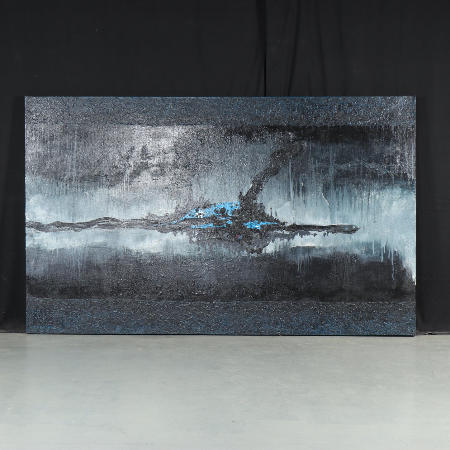 Vu Hong Nguyen, Vietnamese (21st Century), abstract, black/blue, 2005, oil on canvas, 48 1/2"H x 79"W