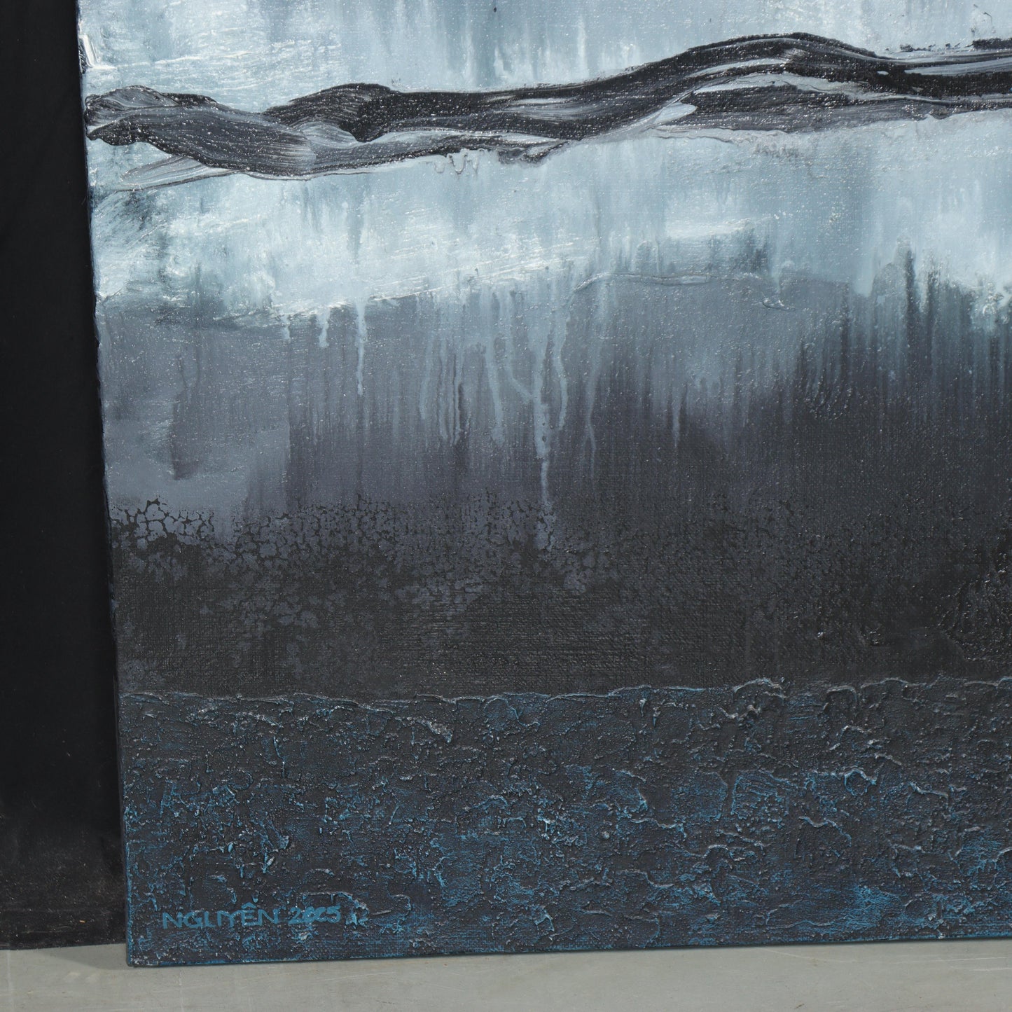 Vu Hong Nguyen, Vietnamese (21st Century), abstract, black/blue, 2005, oil on canvas, 48 1/2"H x 79"W