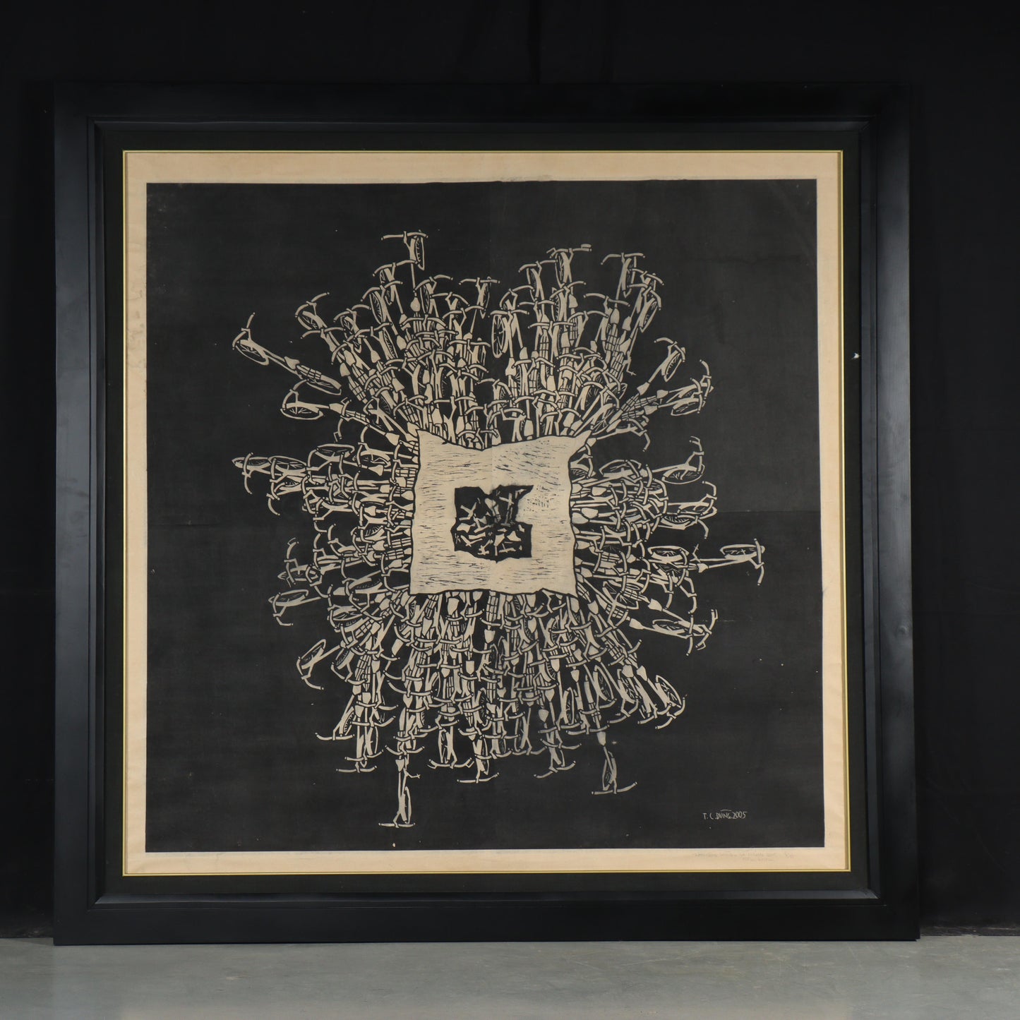 Tran Cong Dung, Vietnamese (b.1969), One Night Stand, 2005, GIANT large scale woodcut, rice paper on linen, 58 1/4"H x 57 1/4"W(stretcher)