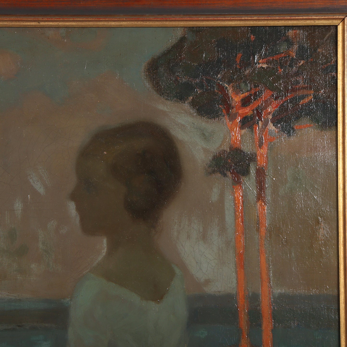 A promenade by the lake; French Impressionist painting of a girl holding a bouquet of flowers and hat, artist ca. late 19th / early 20th Century / dated 1896. 41"H x 30 1/4"W (stretcher), 46"H x 35 1/2"W (frame)