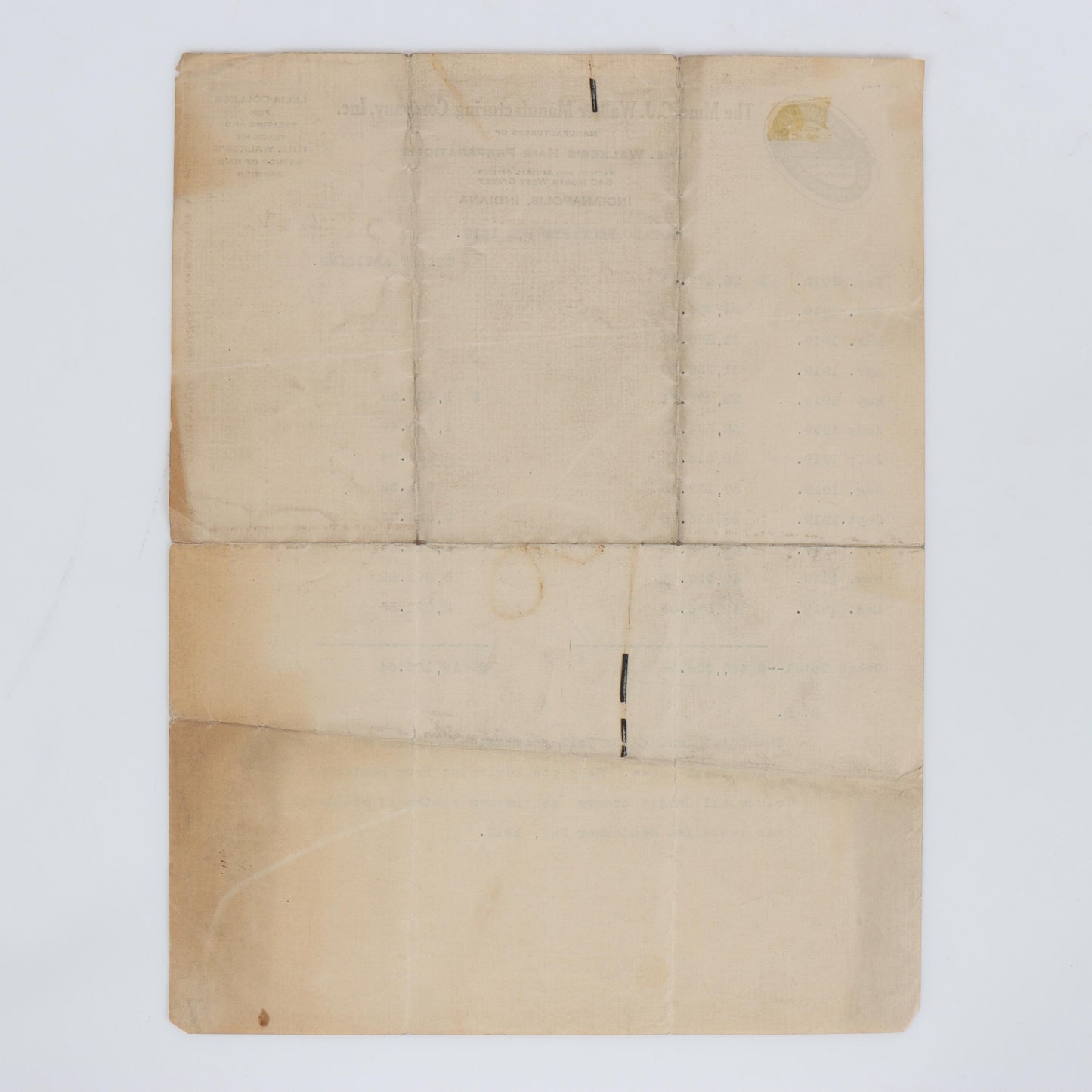 Madam C.J. Walker Manufacturing Company Financial Document, 1919 11"H x 8 1/2"W
