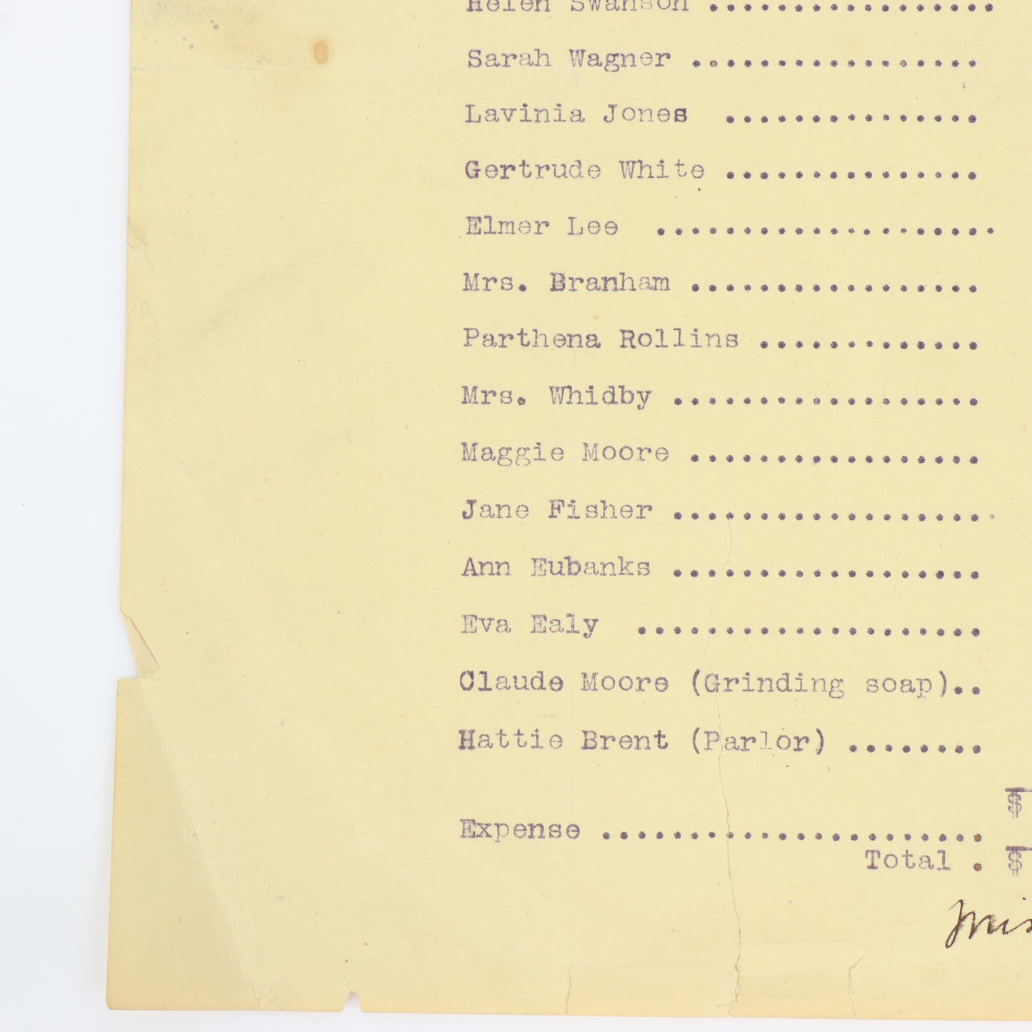 Madam Walker Manufacturing Company Business Payroll Document 10 1/2"H x 8 1/2"W