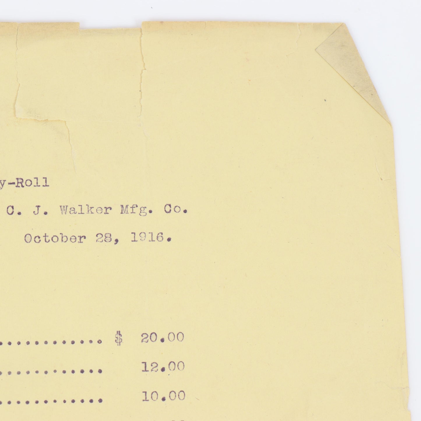 Madam Walker Manufacturing Company Business Payroll Document 10 1/2"H x 8 1/2"W