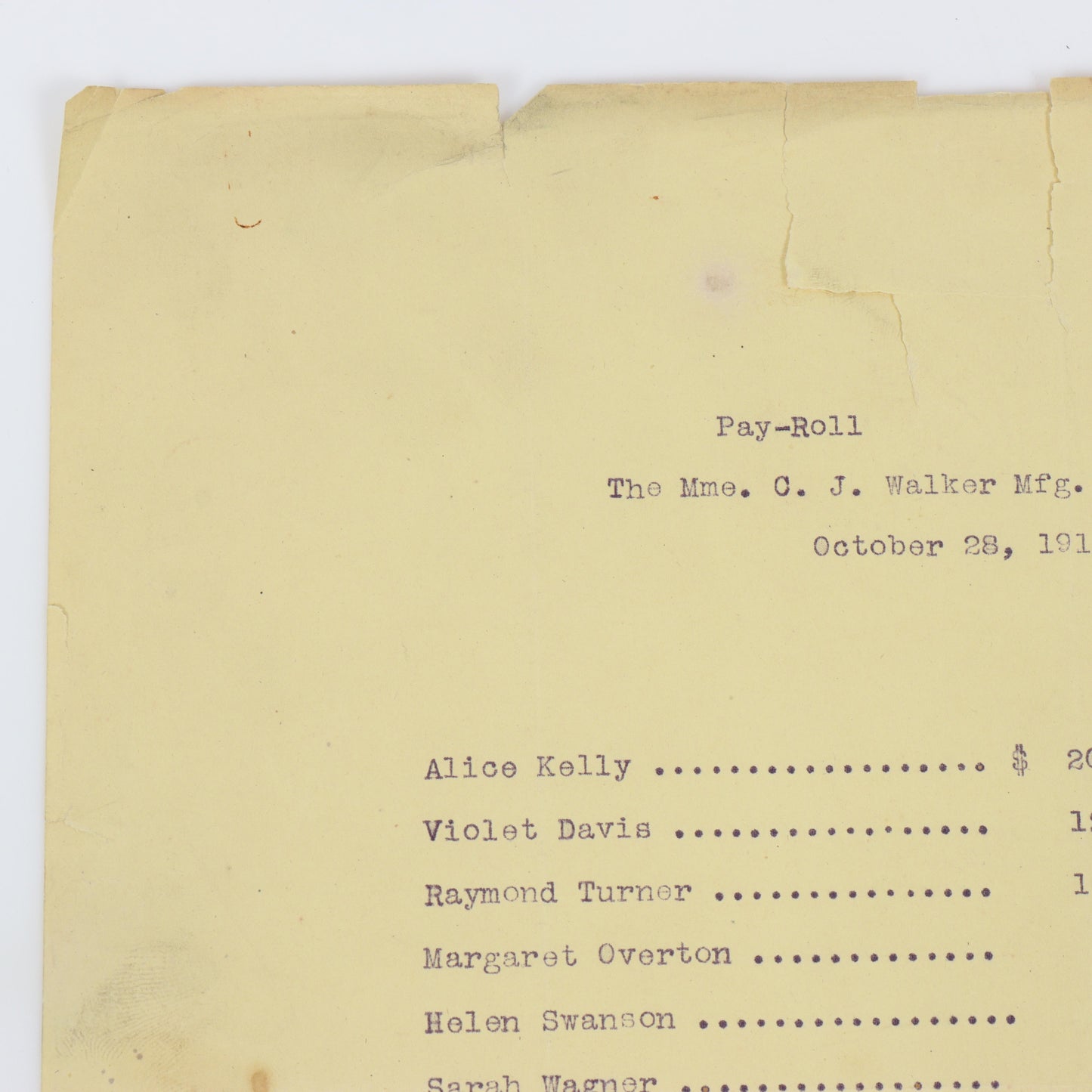 Madam Walker Manufacturing Company Business Payroll Document 10 1/2"H x 8 1/2"W