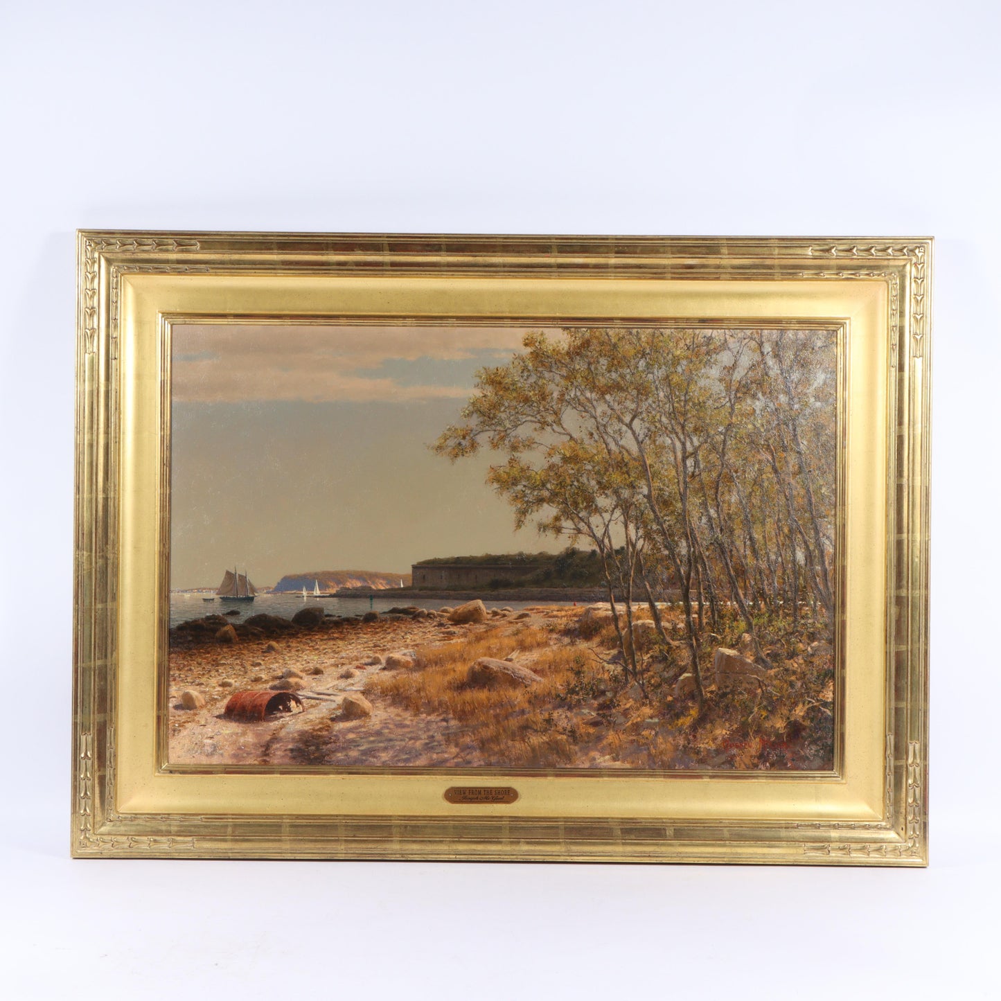 Joseph McGurl, Massachusetts (b. 1958), "View From the Shore", Fort Independence? Boston Harbor Islands, oil on canvas, 24"H x 36"W(stretcher), 33 1/4"H x 45 1/4"W(frame)