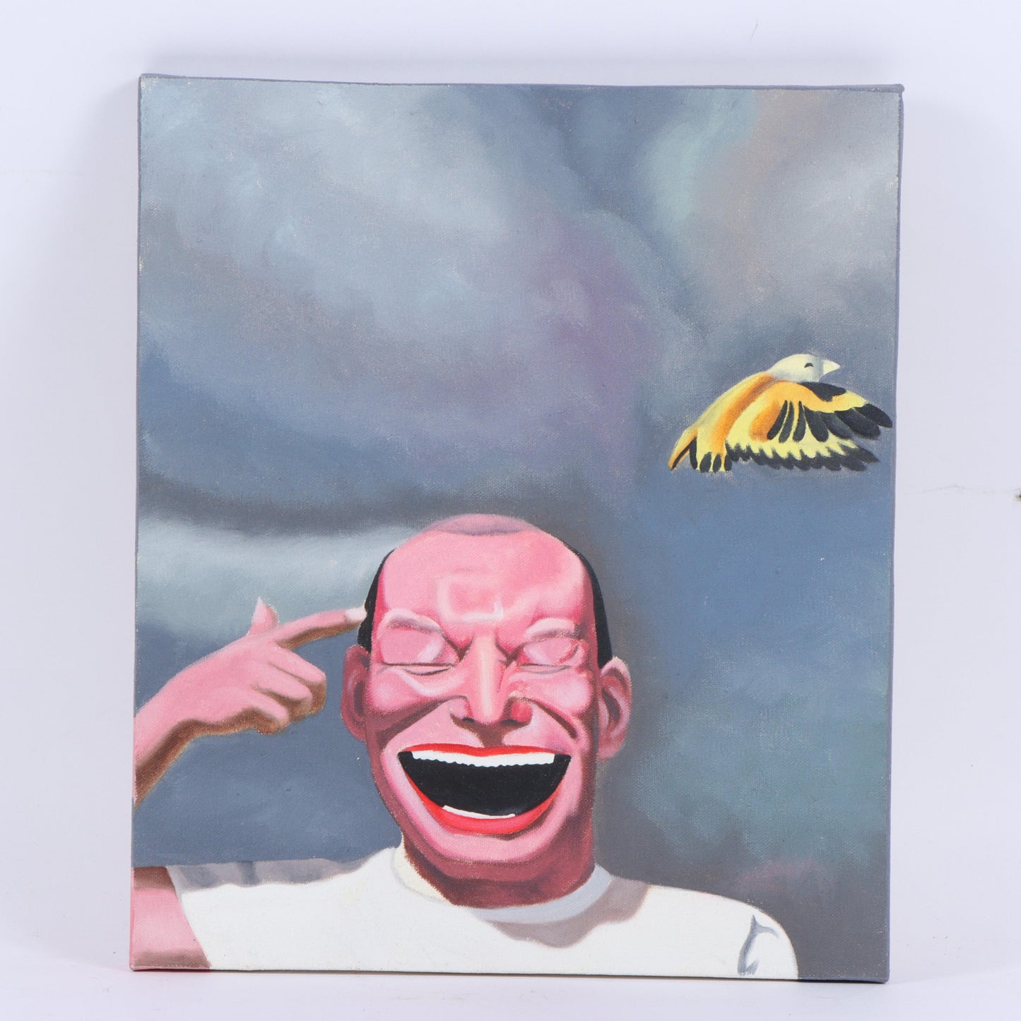 Yue Minjun (attributed), Chinese (b. 1962), Untitled, laughing man with bird, oil on canvas, 14"H x 12"W