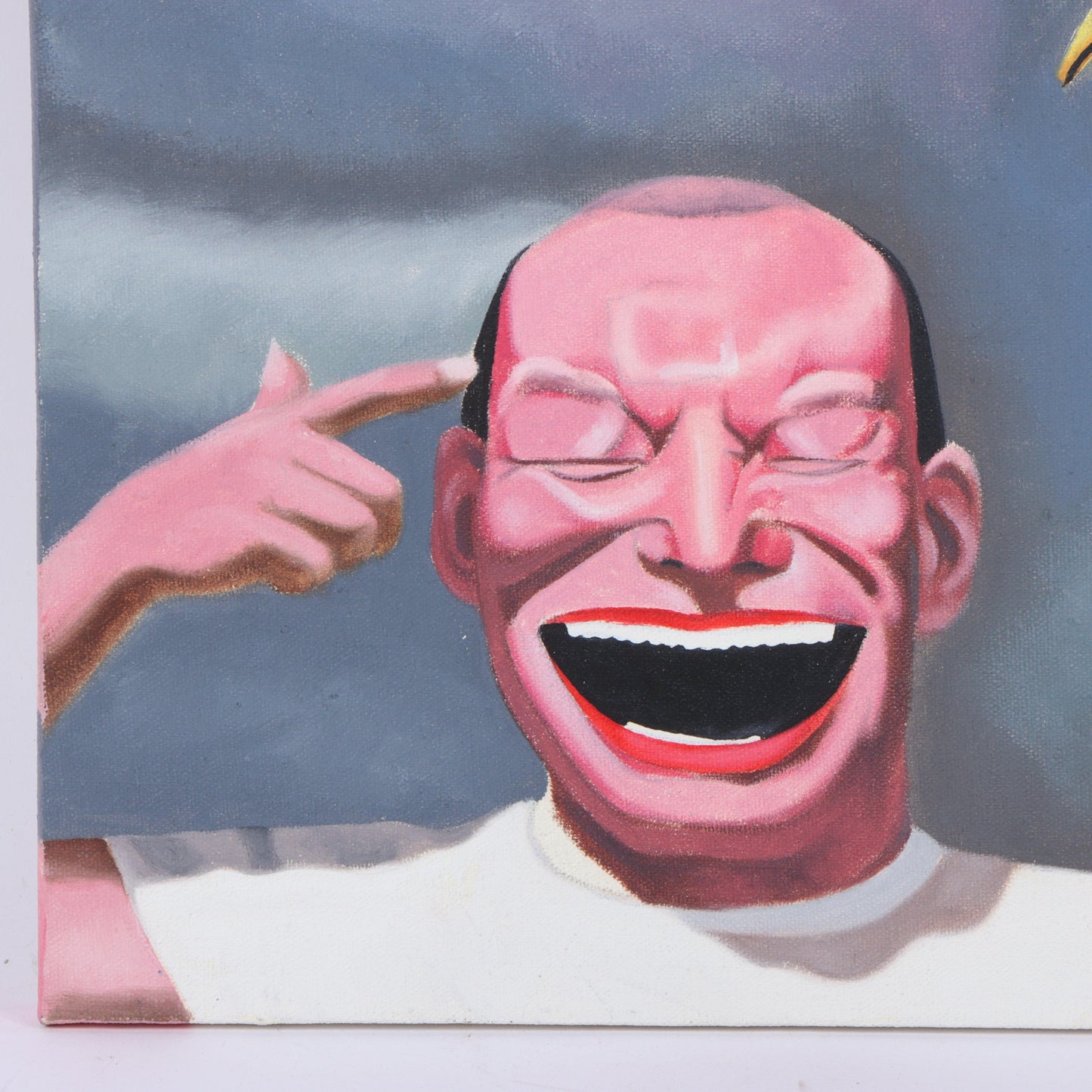 Yue Minjun (attributed), Chinese (b. 1962), Untitled, laughing man with bird, oil on canvas, 14"H x 12"W