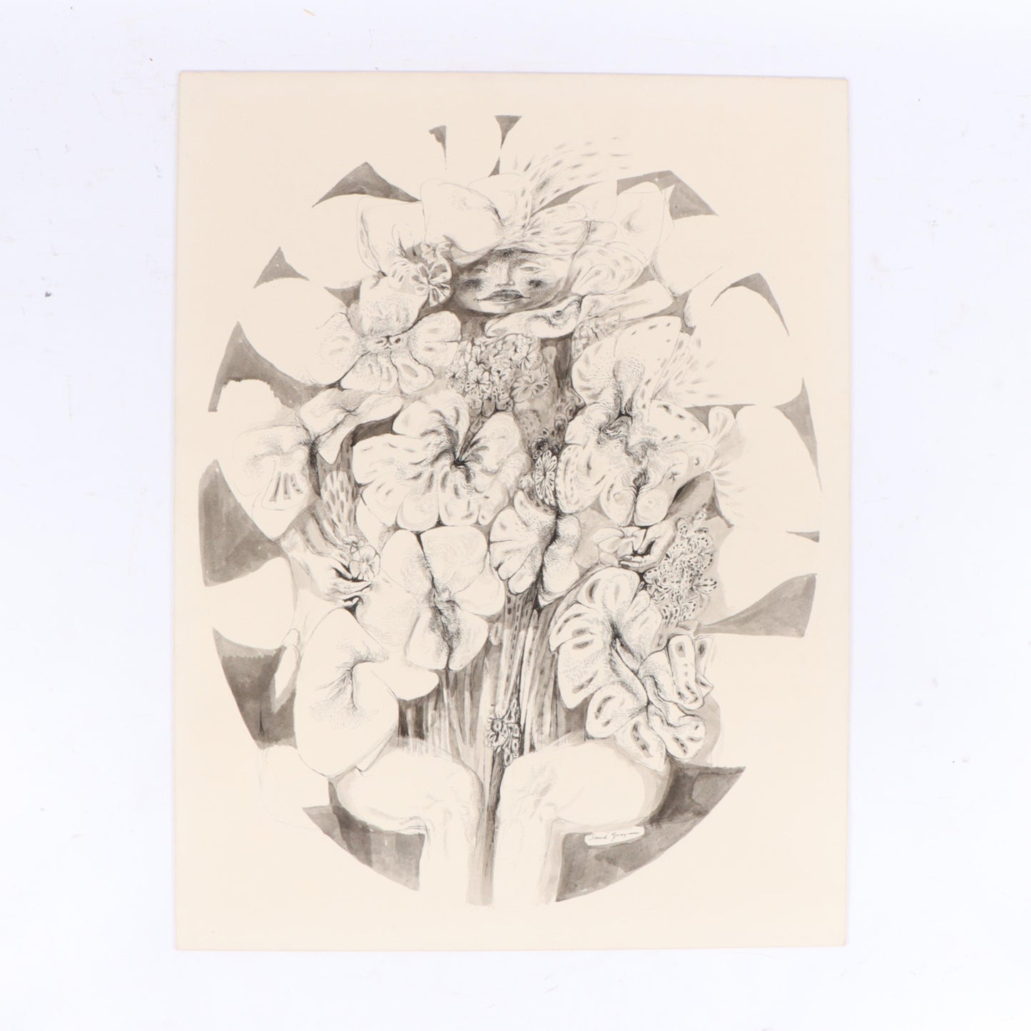 Sante Graziani, American (1920-2005), woman enveloped by flowers, ink and wash on board, 26"H x 20"W